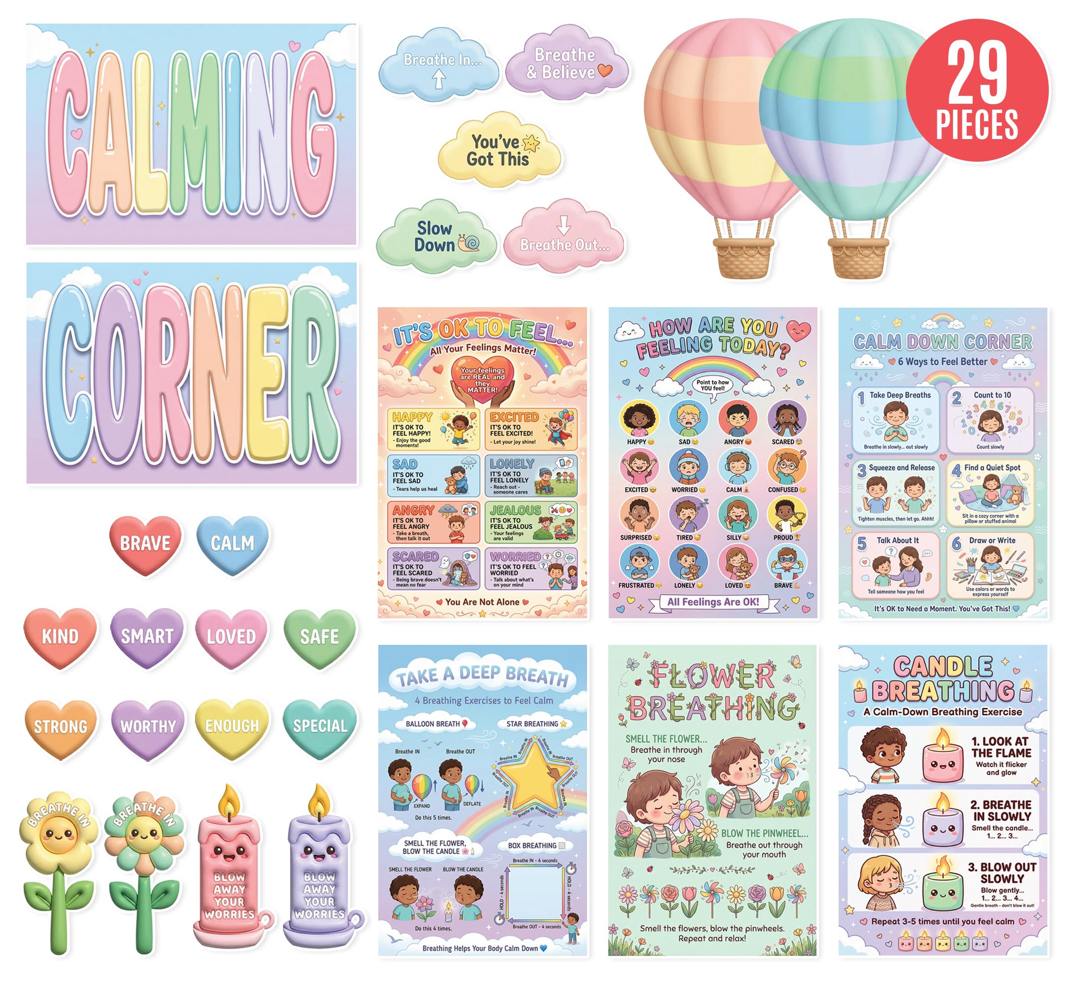 JELLY BEAN GENIUS Calming Corner Wall System for Kids – 29-Piece Social Emotional Learning & Emotional Awarenesss Visuals