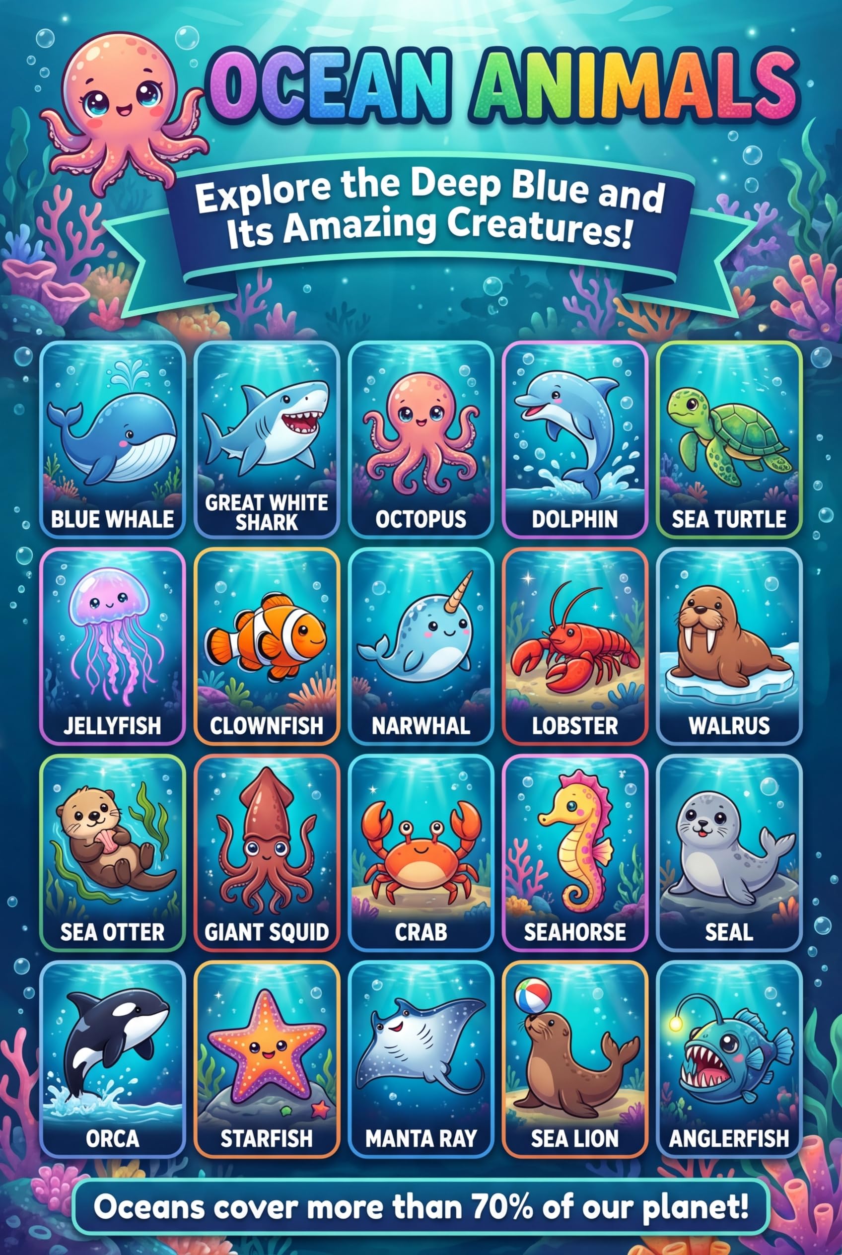 JELLY BEAN GENIUS Ocean Animals & Fish Poster for Kids – Double Sided Laminated Educational Chart | 40 Sea Creatures