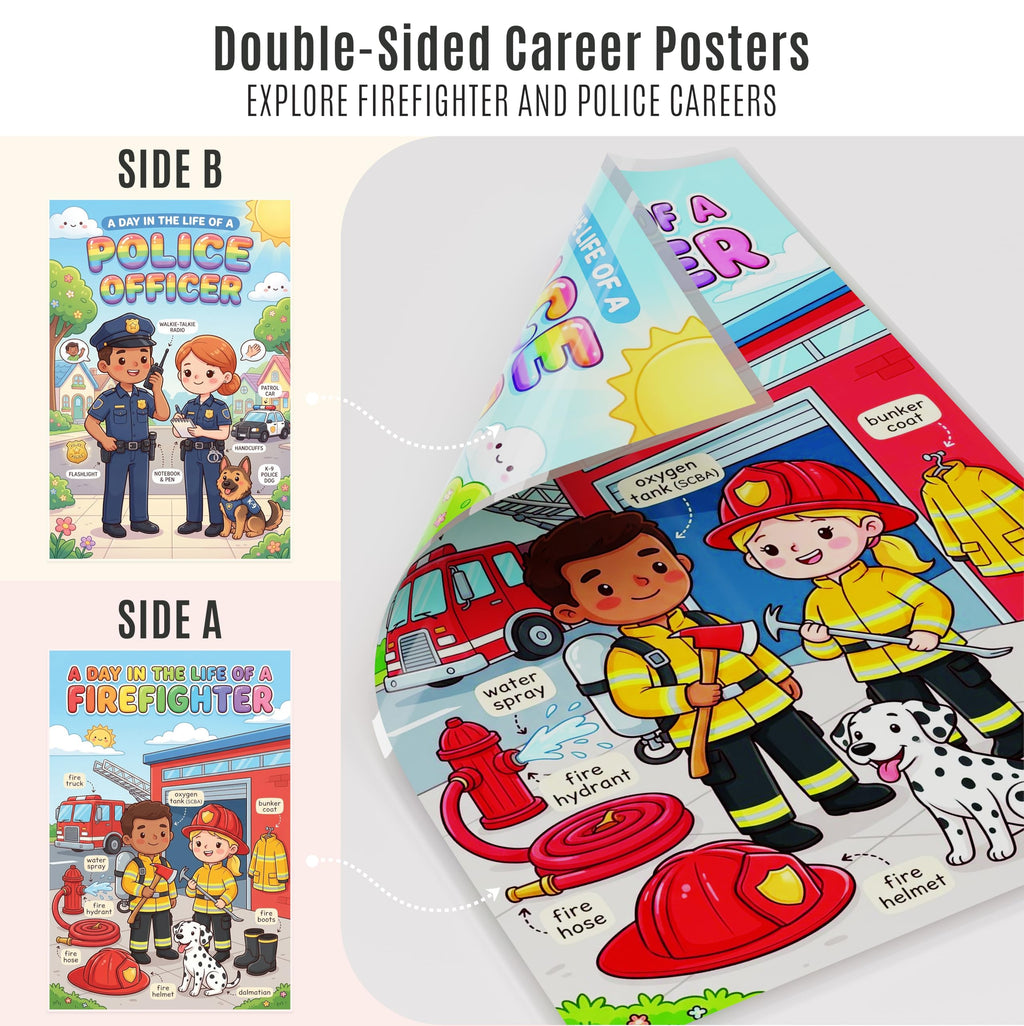 JELLY BEAN GENIUS Firefighter and Police Officer Poster for Kids – Laminated Double-Sided Community Helpers Career Wall Art