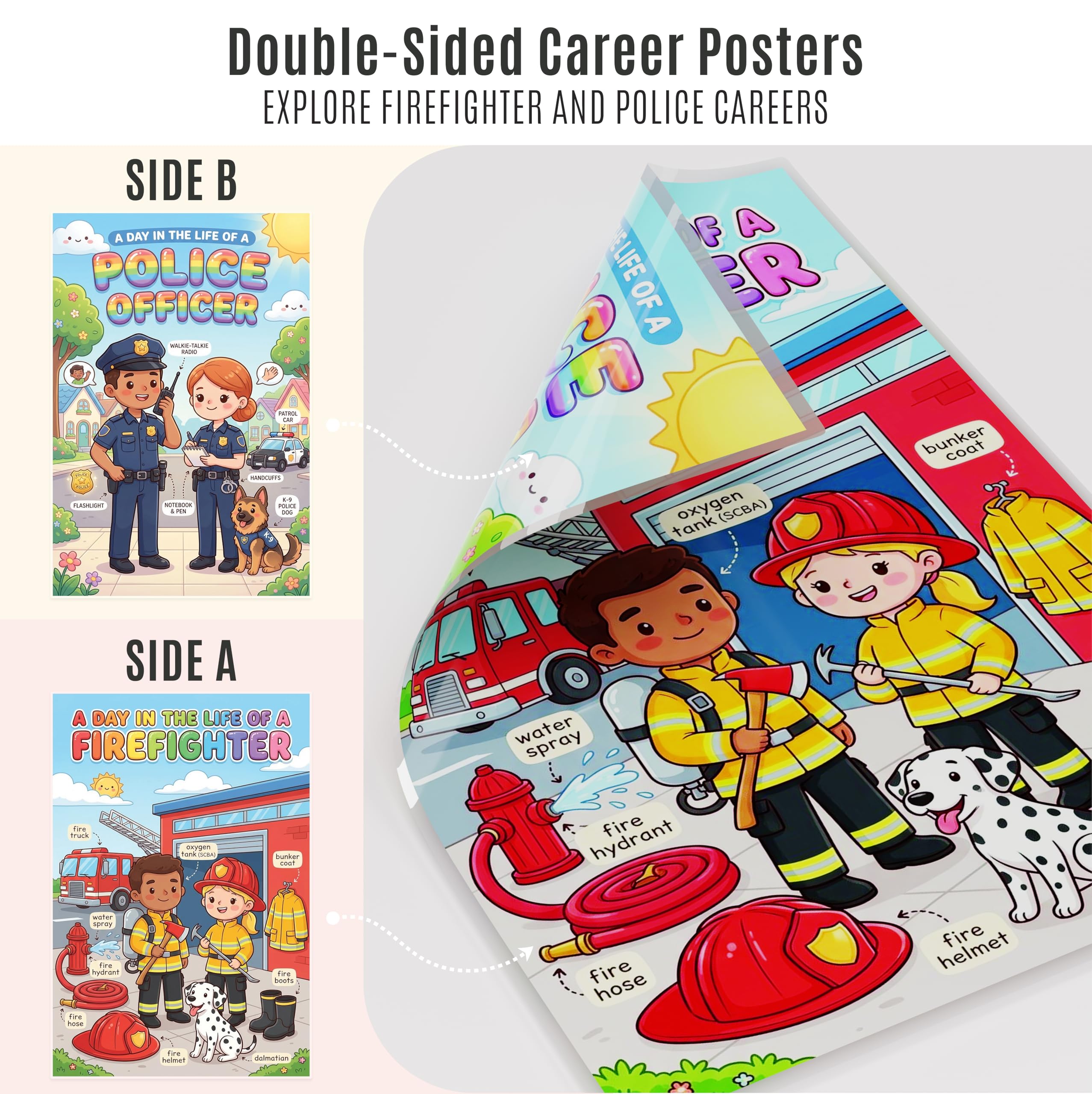 JELLY BEAN GENIUS Firefighter and Police Officer Poster for Kids – Laminated Double-Sided Community Helpers Career Wall Art