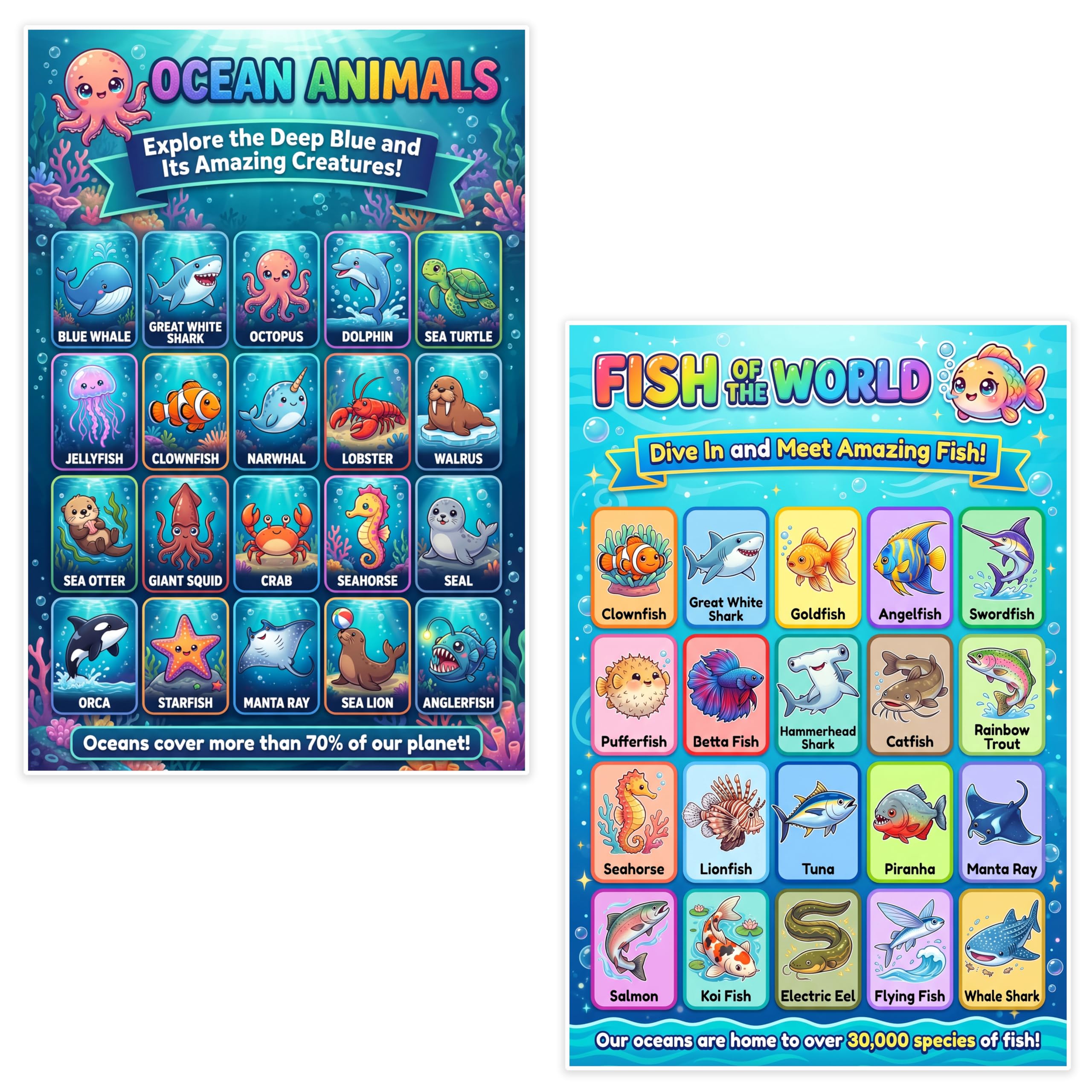 JELLY BEAN GENIUS Ocean Animals & Fish Poster for Kids – Double Sided Laminated Educational Chart | 40 Sea Creatures