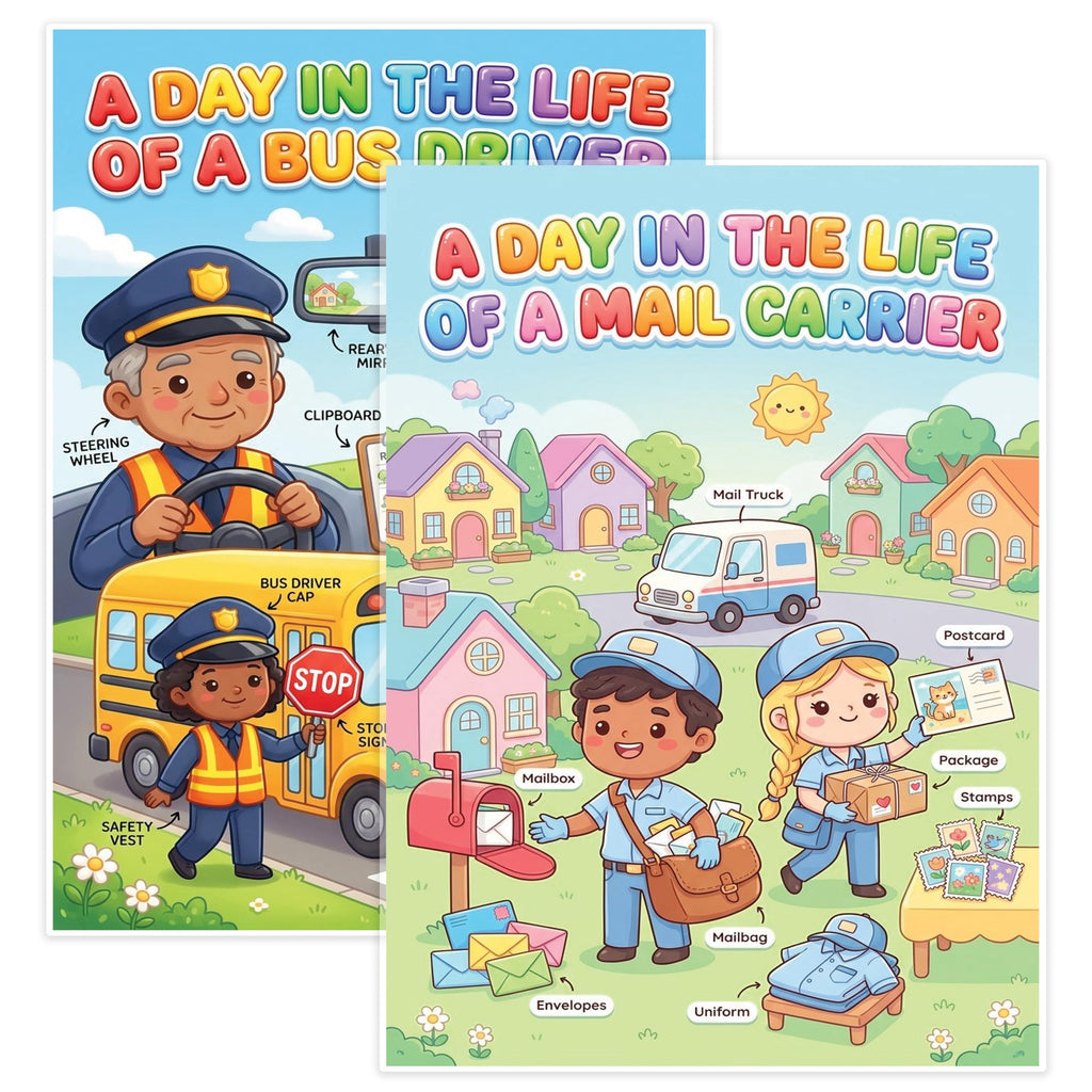 JELLY BEAN GENIUS Mail Carrier and Bus Driver Mini Poster for Kids – Laminated Double-Sided Community Helpers Career Chart