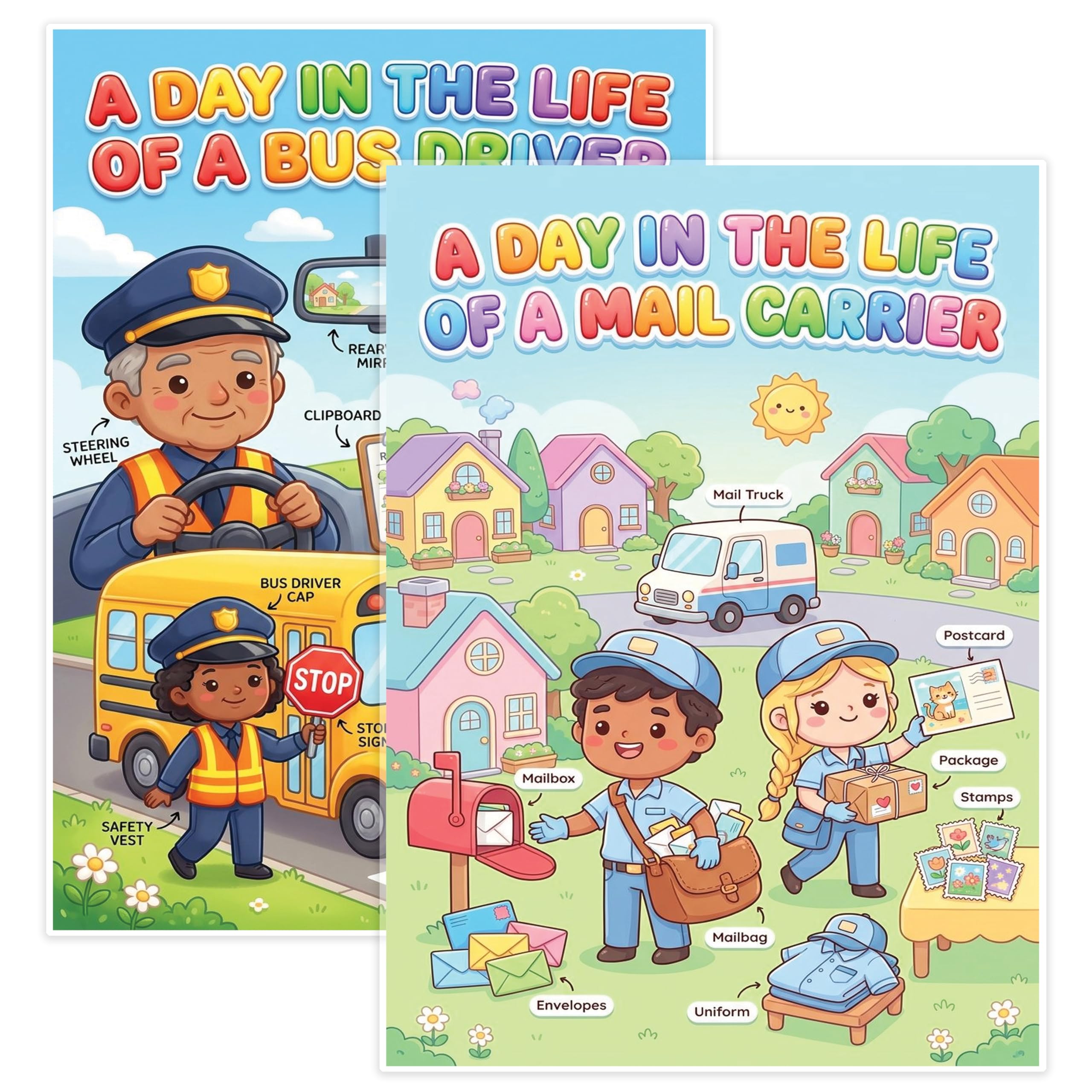 JELLY BEAN GENIUS Mail Carrier and Bus Driver Mini Poster for Kids – Laminated Double-Sided Community Helpers Career Chart