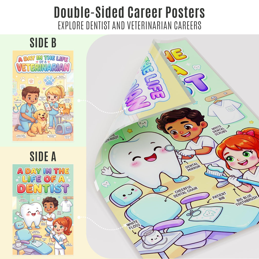JELLY BEAN GENIUS Dentist and Veterinarian Poster for Kids – Laminated Double-Sided Community Helpers Career Wall Art &