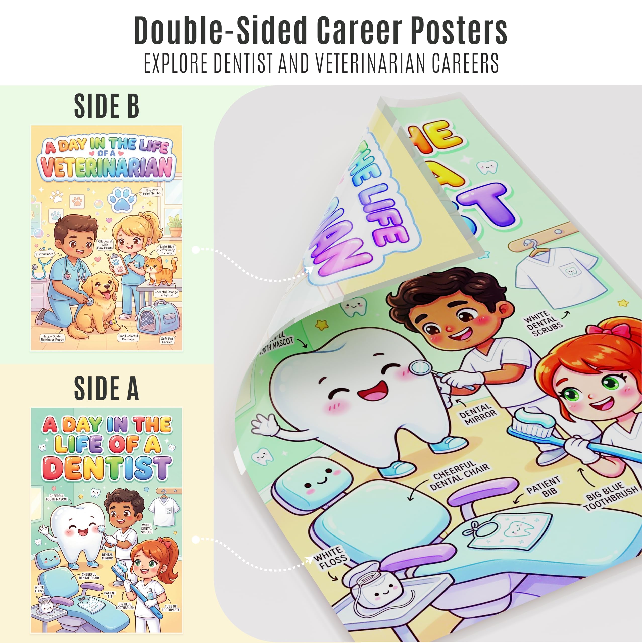 JELLY BEAN GENIUS Dentist and Veterinarian Poster for Kids – Laminated Double-Sided Community Helpers Career Wall Art &