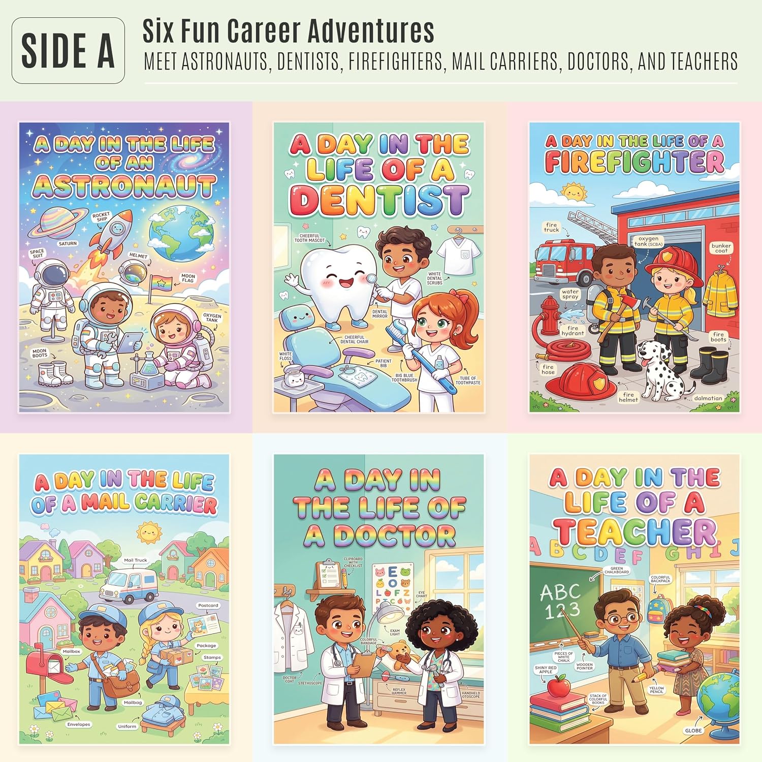 Six laminated community helpers posters with QR codes for audio lessons, covering healthcare, emergency, routes, checkups — view 2