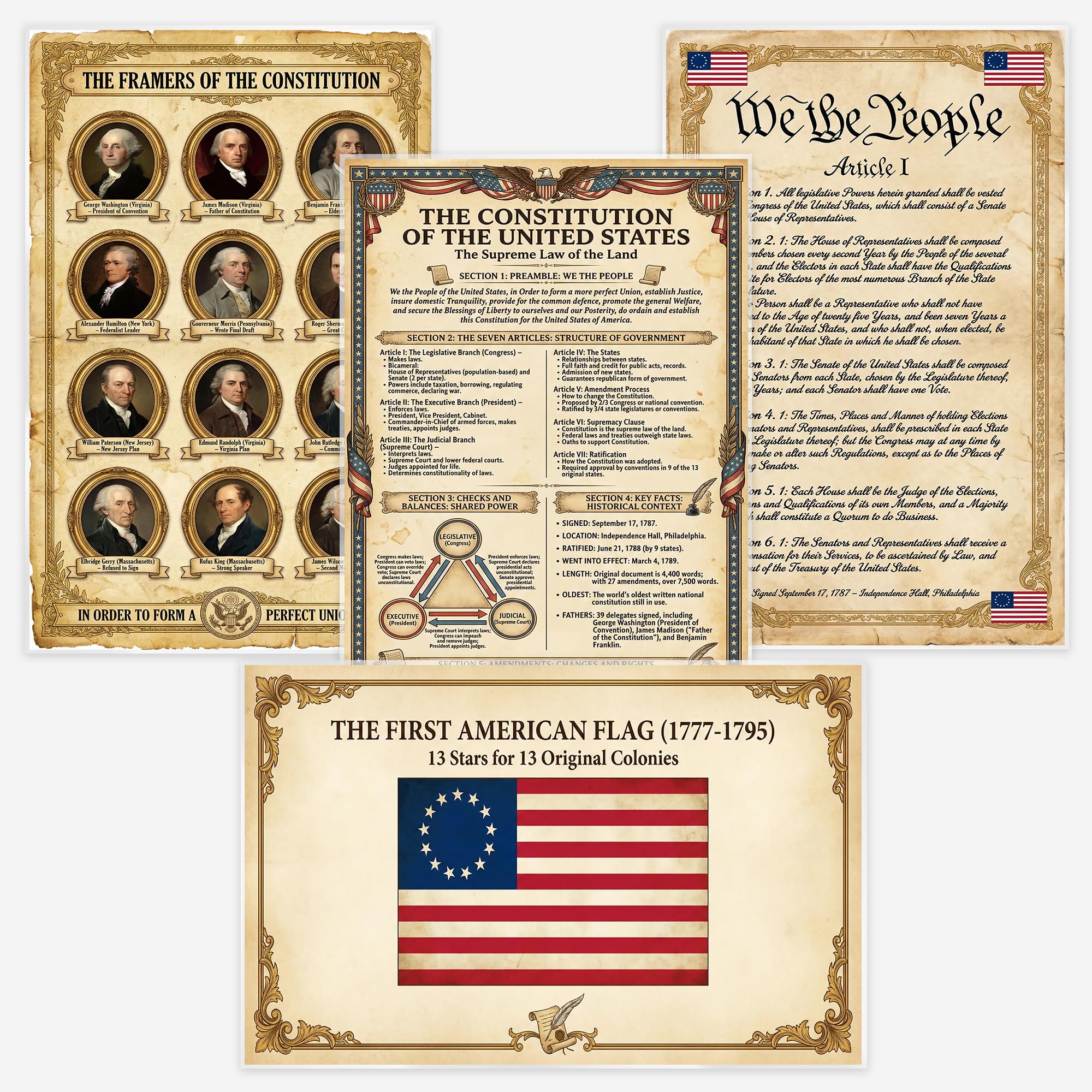 JELLY BEAN GENIUS Constitution Poster Set (4 Pack) - Framers, Summary, Flag, Article I - Laminated 11x17 - US History