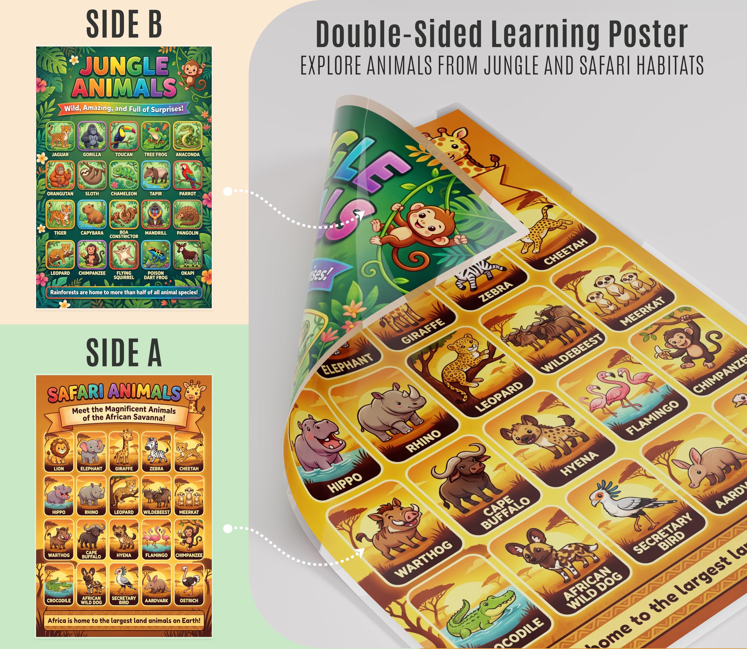 JELLY BEAN GENIUS Safari & Jungle Animals Poster for Kids – Double Sided Laminated Educational Chart | 40 Wild Animals