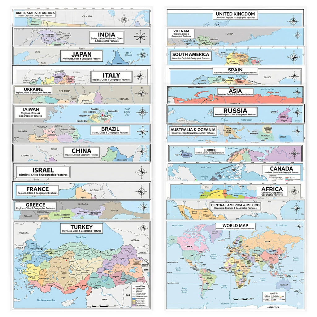 World Geography Map Set – 24-Pack Laminated 11x17 Dry Erase Study Maps | Double-Sided Color & Blank Outline Maps for