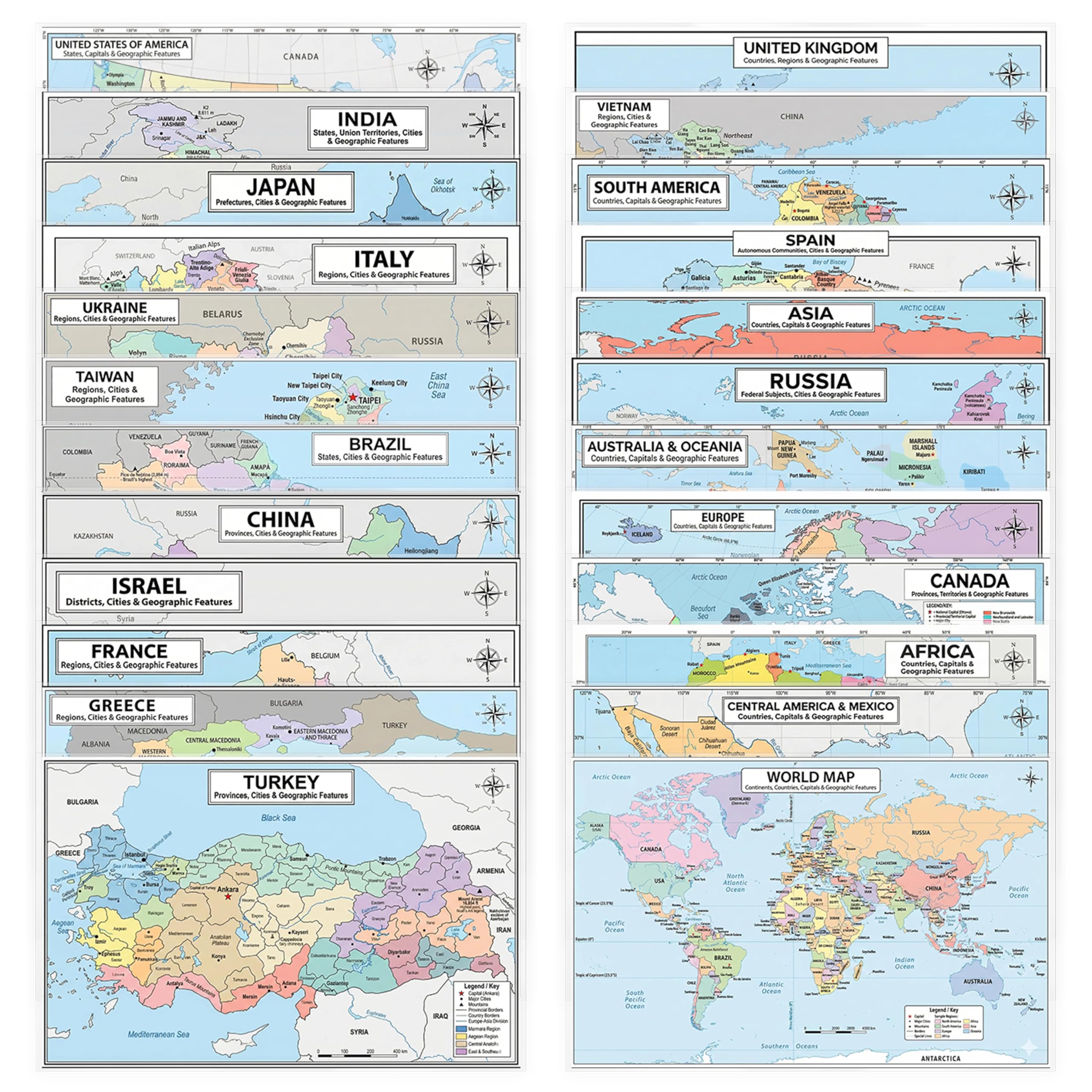 World Geography Map Set – 24-Pack Laminated 11x17 Dry Erase Study Maps | Double-Sided Color & Blank Outline Maps for