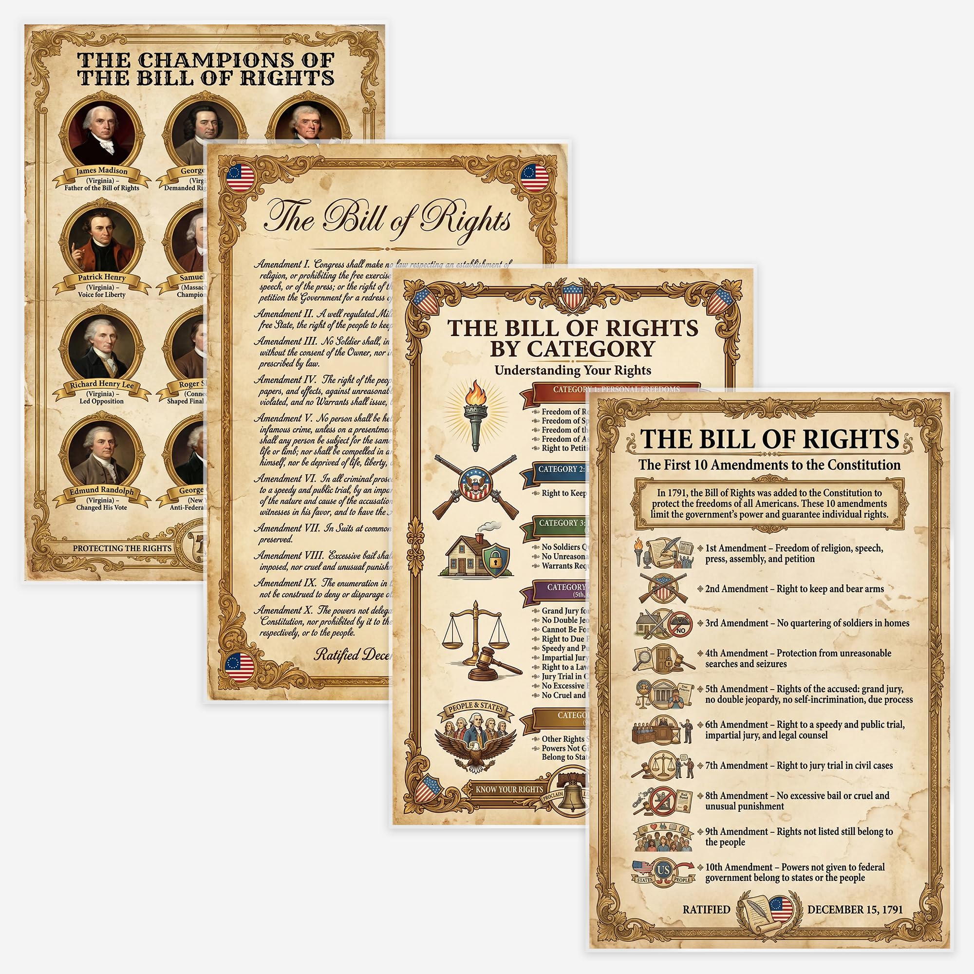 JELLY BEAN GENIUS Bill of Rights Poster Set (4 Pack) - Champions, Summary, Categories, Document - Laminated 11x17