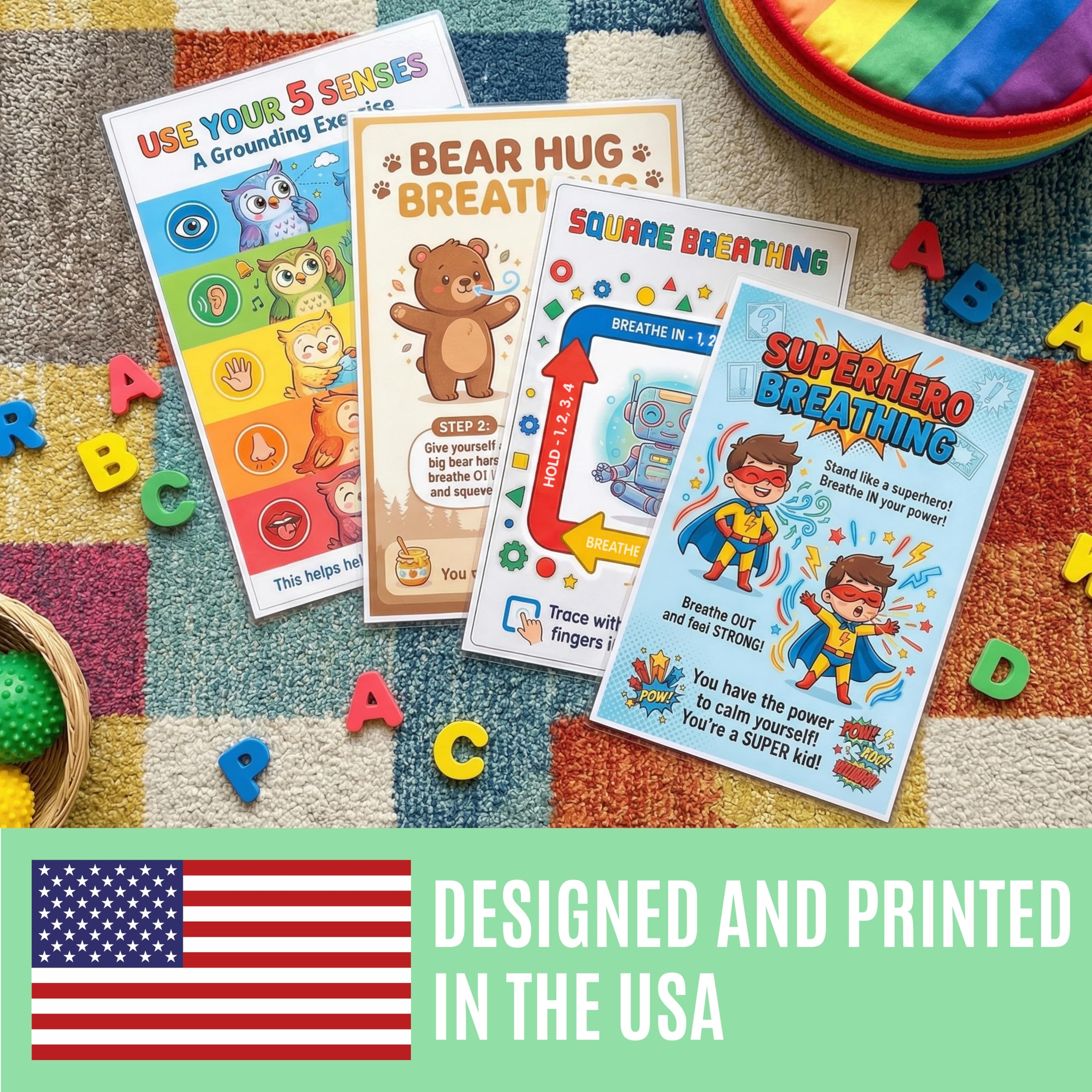 Calm Down Corner Posters for Kids – 4 Pack Breathing & Grounding Techniques Set, Square Breathing, Bear Hug, Superhero
