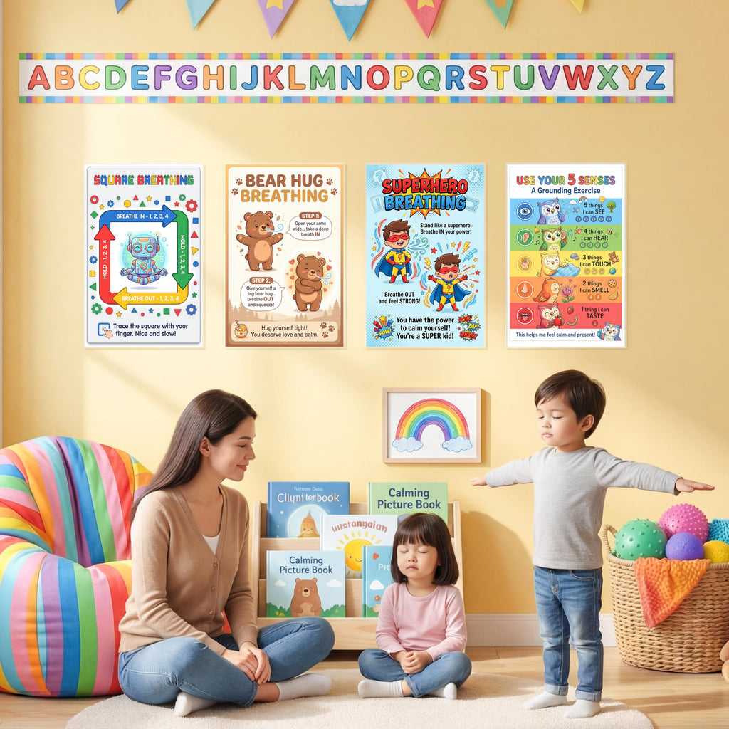 Calm Down Corner Posters for Kids – 4 Pack Breathing & Grounding Techniques Set, Square Breathing, Bear Hug, Superhero