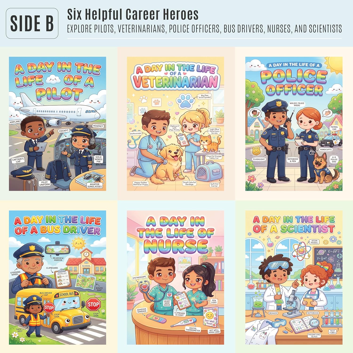 Six laminated community helpers posters with QR codes for audio lessons, covering healthcare, emergency, routes, checkups — view 3