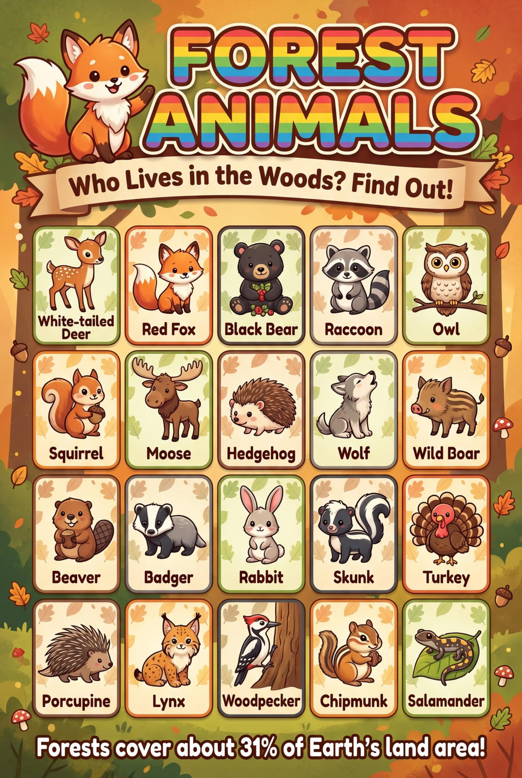 JELLY BEAN GENIUS Farm & Forest Animals Poster for Kids – Double Sided Laminated Educational Chart | 40 Woodland & Barnyard