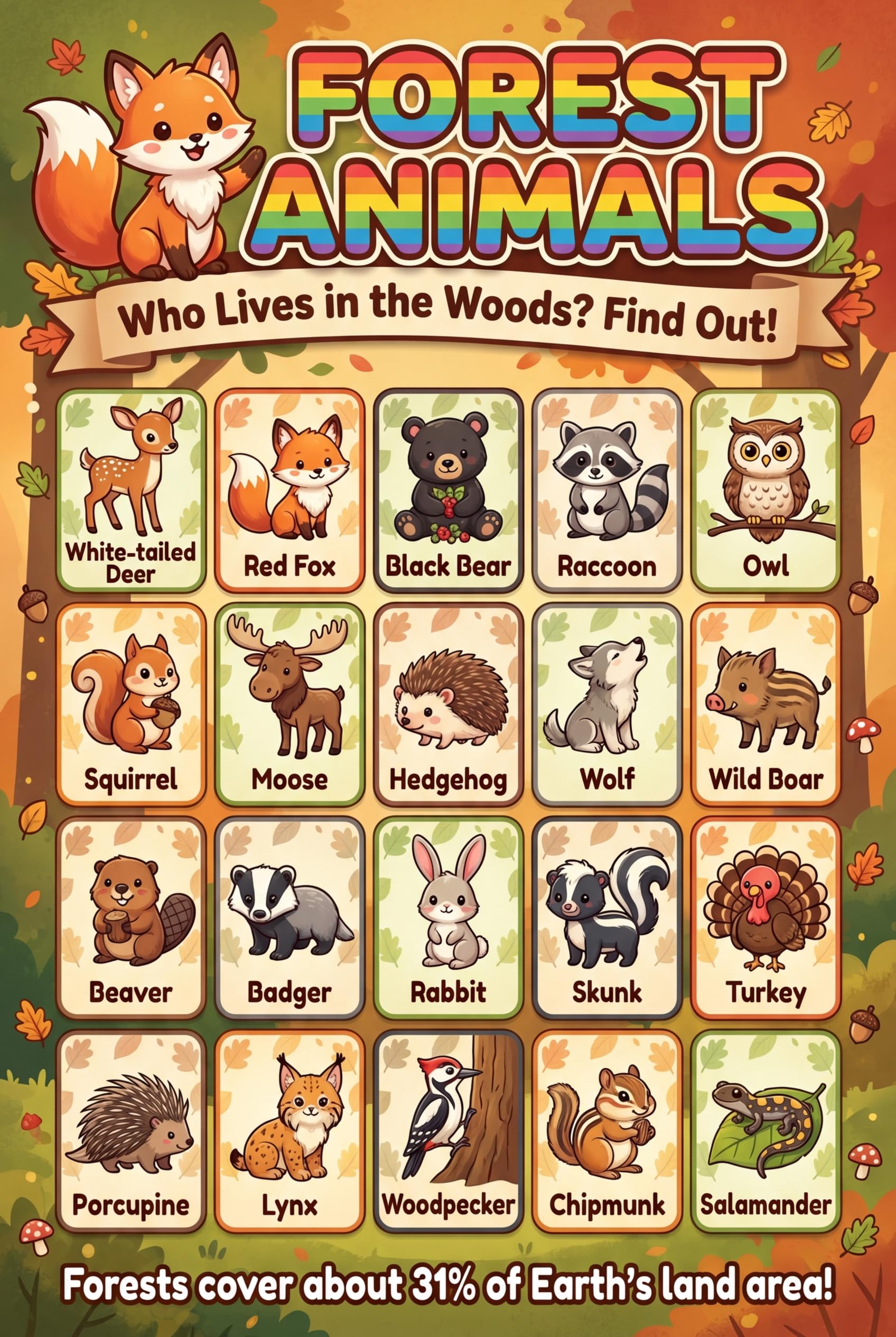 JELLY BEAN GENIUS Farm & Forest Animals Poster for Kids – Double Sided Laminated Educational Chart | 40 Woodland & Barnyard