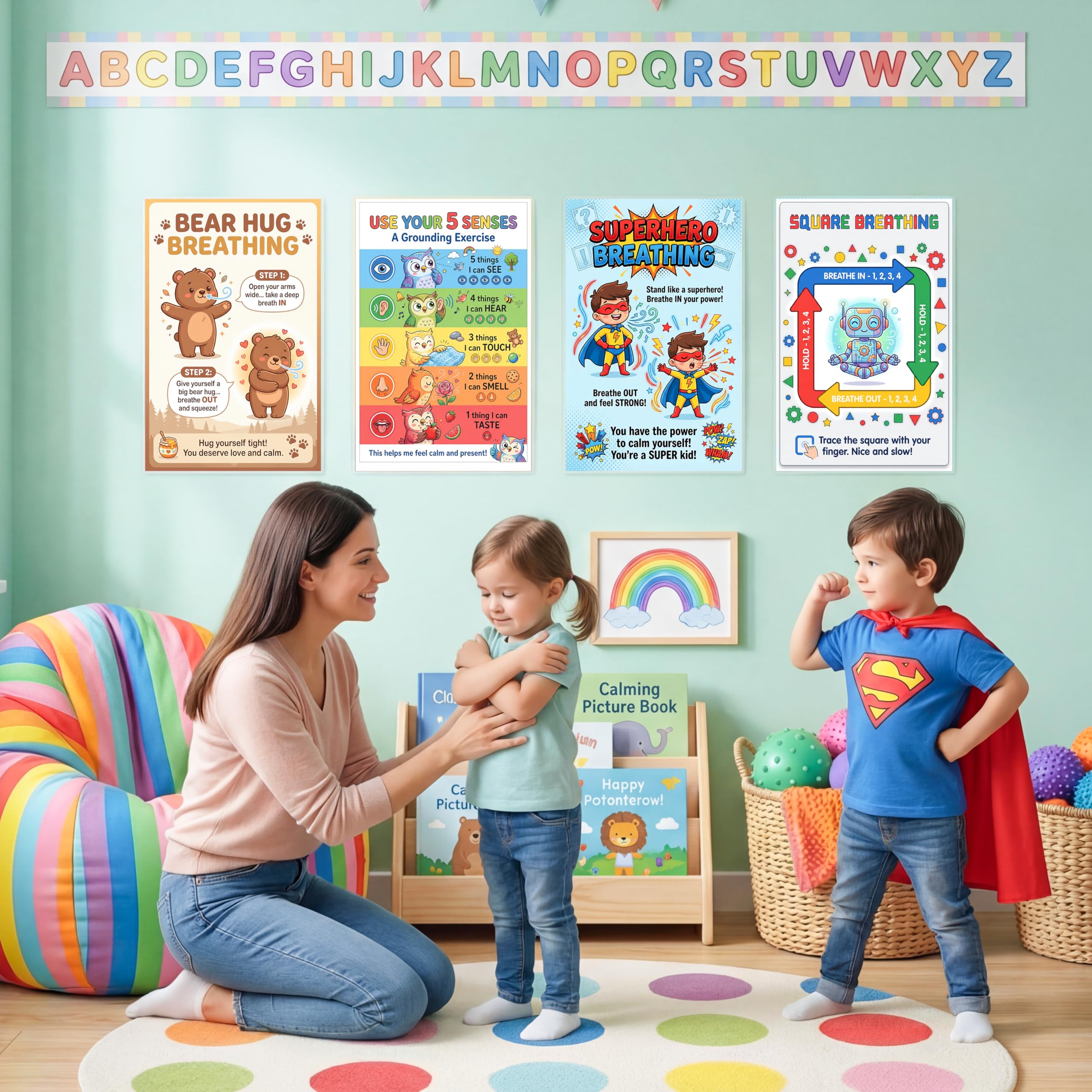 Calm Down Corner Posters for Kids – 4 Pack Breathing & Grounding Techniques Set, Square Breathing, Bear Hug, Superhero