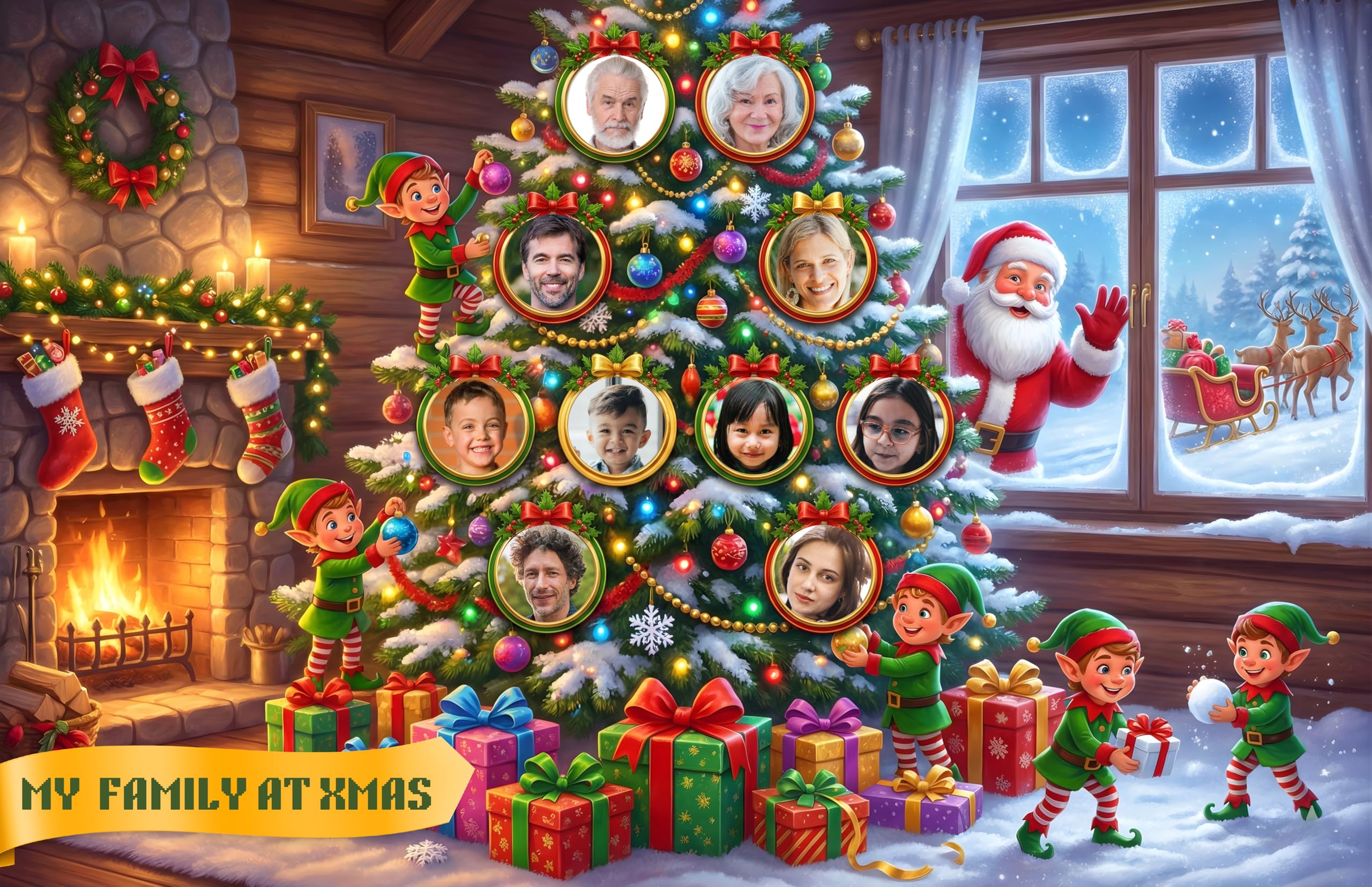 JELLY BEAN GENIUS Customizable Christmas Family Tree Poster – 17×12 in Laminated Holiday Wall Art – Personalized Photo