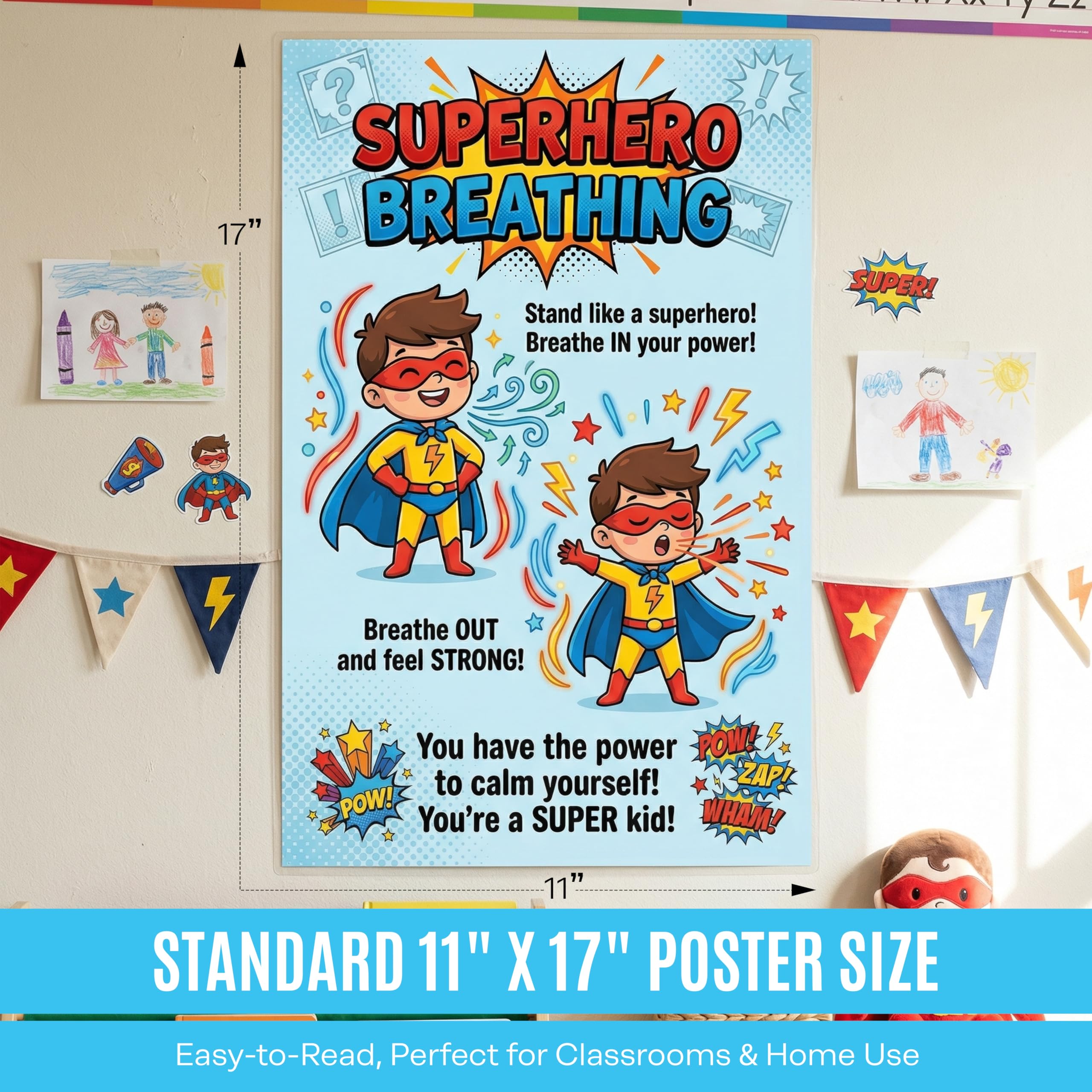 JELLY BEAN GENIUS Superhero Breathing Poster for Kids – Power Pose Calm Down Strategy, Calm Corner Classroom Decor, SEL