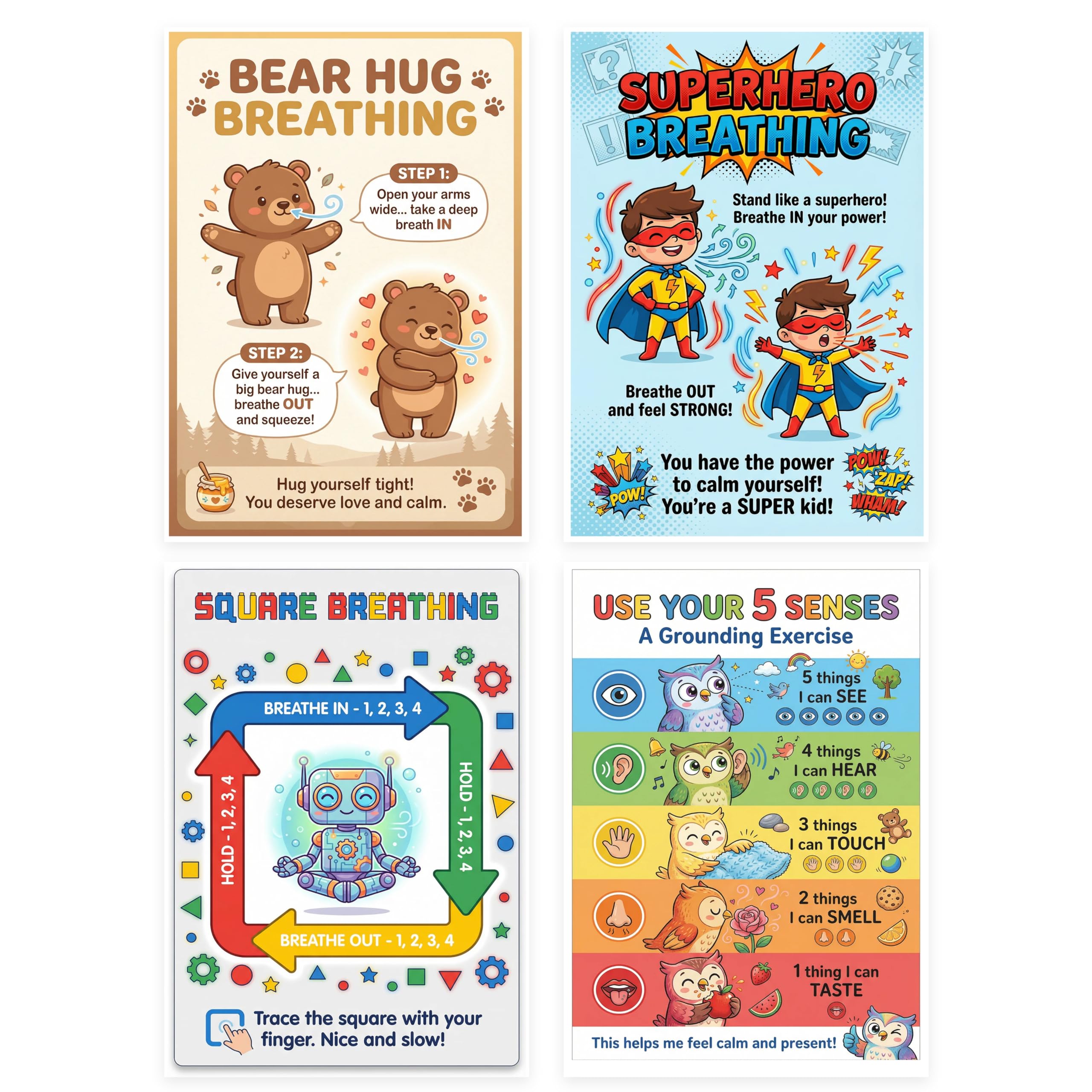 Calm Down Corner Posters for Kids – 4 Pack Breathing & Grounding Techniques Set, Square Breathing, Bear Hug, Superhero