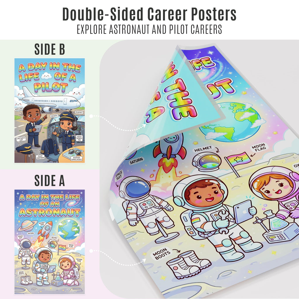 JELLY BEAN GENIUS Astronaut and Pilot Poster for Kids – Laminated Double-Sided Community Helpers Career Wall Art &