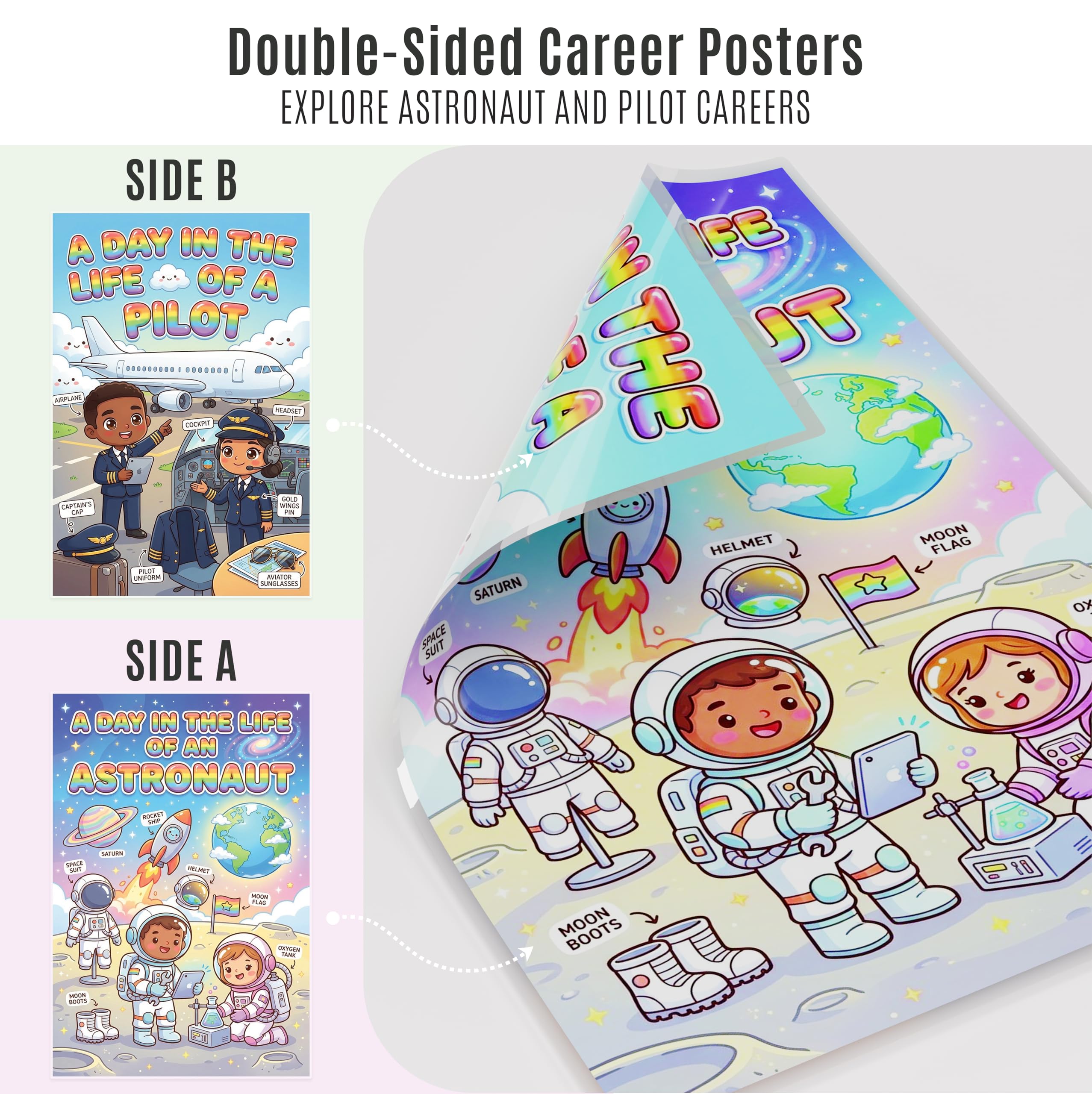JELLY BEAN GENIUS Astronaut and Pilot Poster for Kids – Laminated Double-Sided Community Helpers Career Wall Art &
