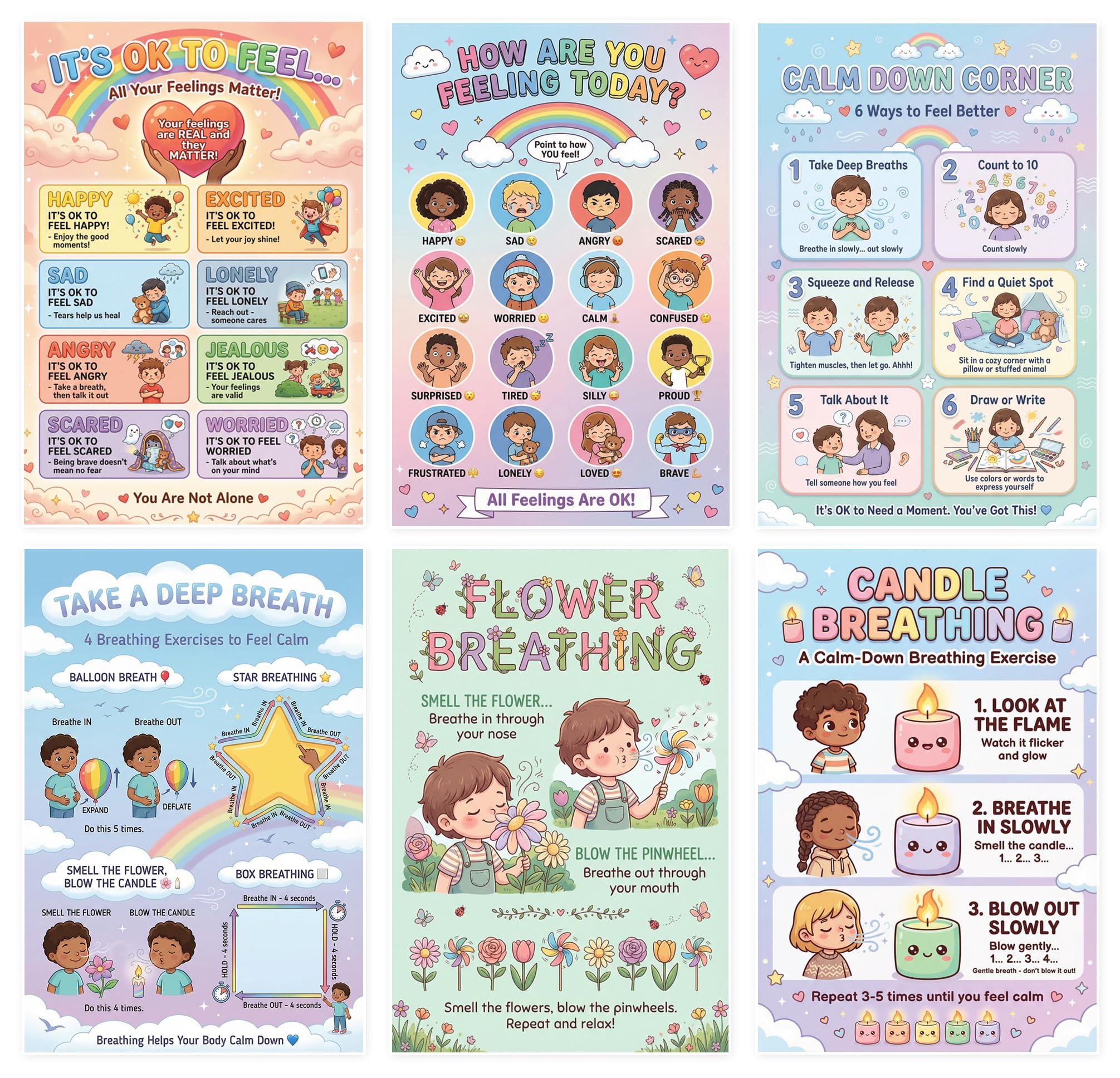 JELLY BEAN GENIUS Calming Corner Essential Poster Set for Kids – 6-Piece Emotional Awareness & Social Emotional Learning