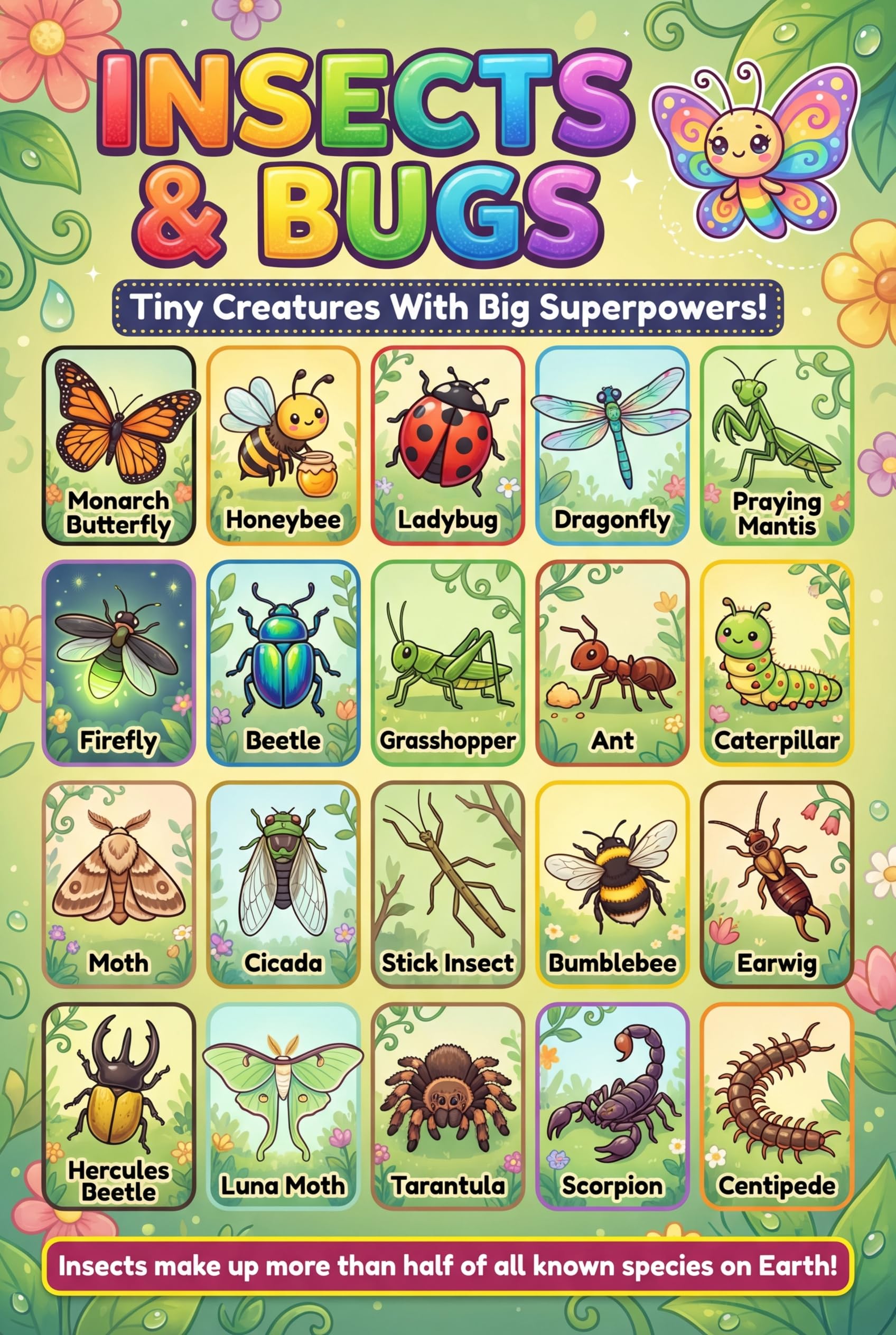 JELLY BEAN GENIUS Birds & Insects Poster for Kids – Double Sided Laminated Educational Chart | 20 Birds of the World + 20