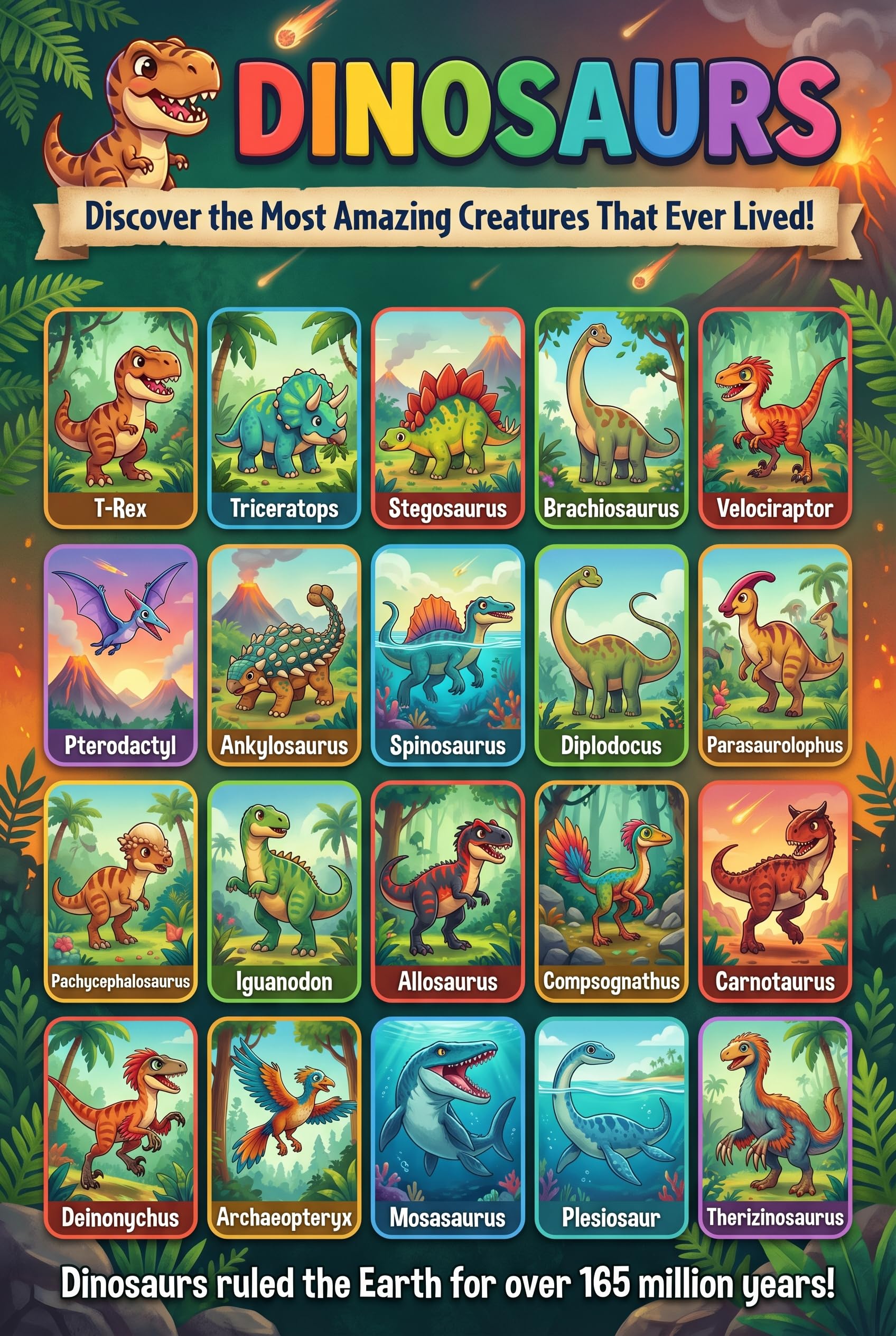 JELLY BEAN GENIUS Dinosaur & Reptiles Poster for Kids – Double Sided Laminated Educational Chart | 20 Dinos + 20 Amphibians