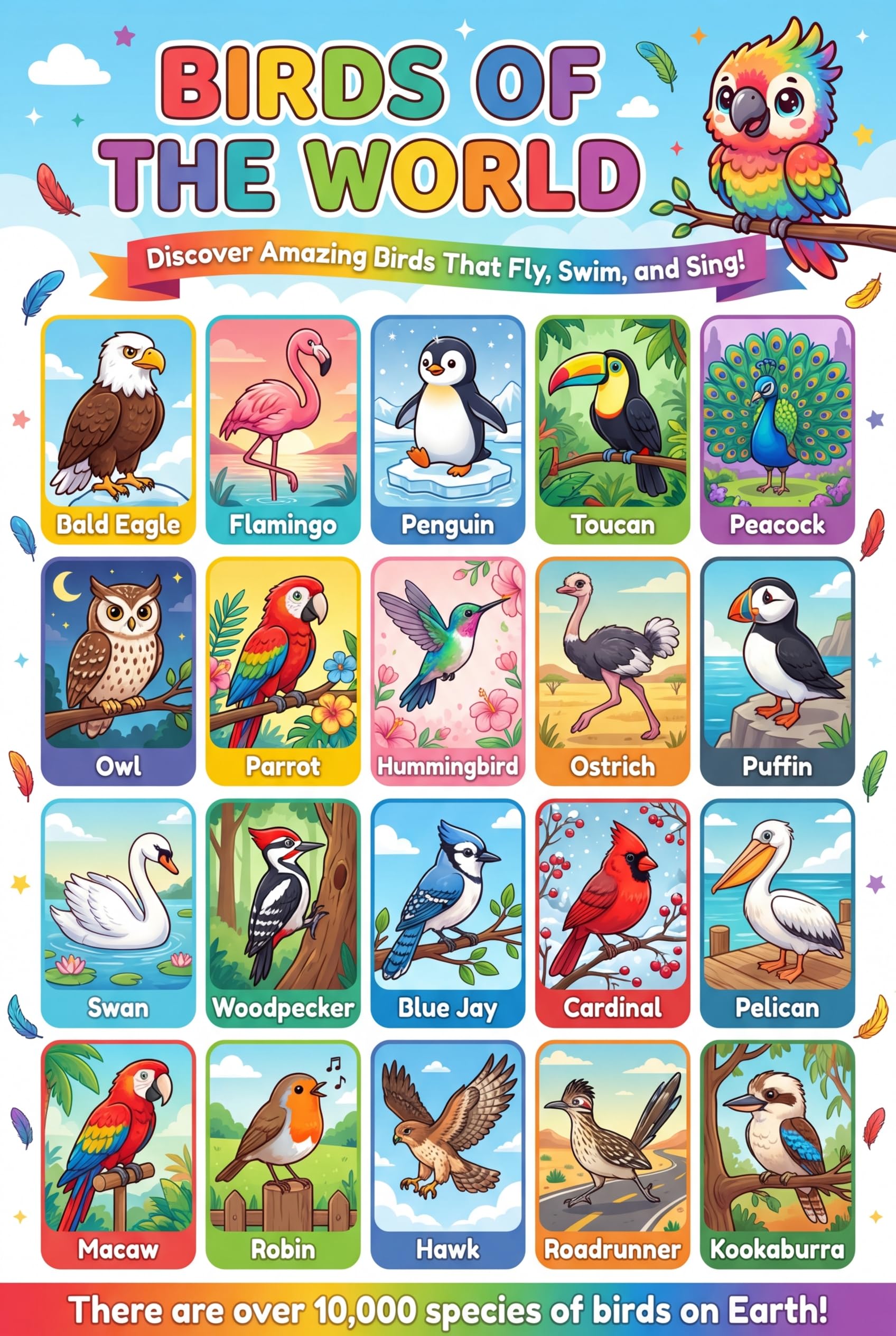 JELLY BEAN GENIUS Birds & Insects Poster for Kids – Double Sided Laminated Educational Chart | 20 Birds of the World + 20