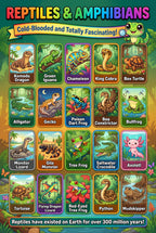 JELLY BEAN GENIUS Dinosaur & Reptiles Poster for Kids – Double Sided Laminated Educational Chart | 20 Dinos + 20 Amphibians