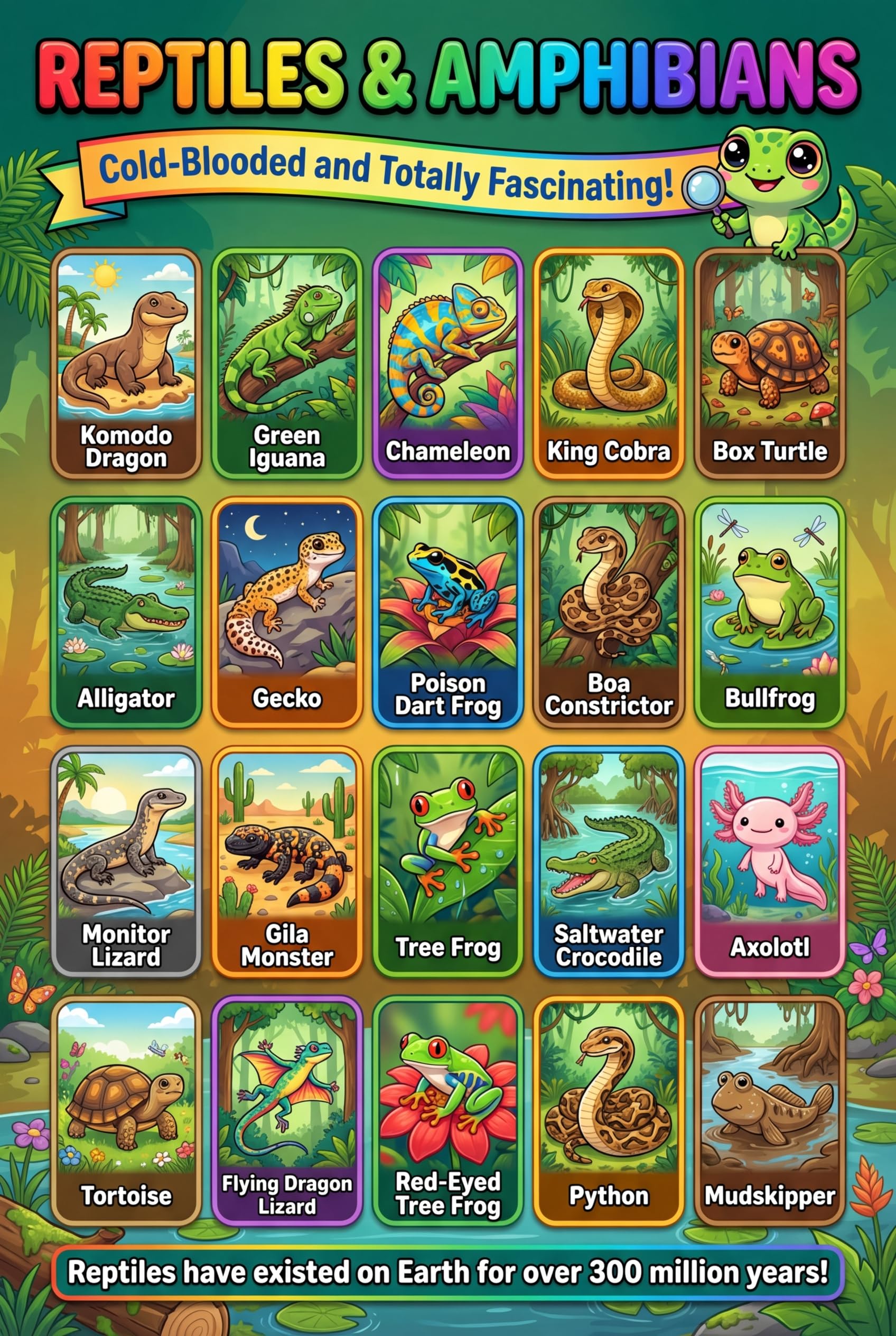 JELLY BEAN GENIUS Dinosaur & Reptiles Poster for Kids – Double Sided Laminated Educational Chart | 20 Dinos + 20 Amphibians