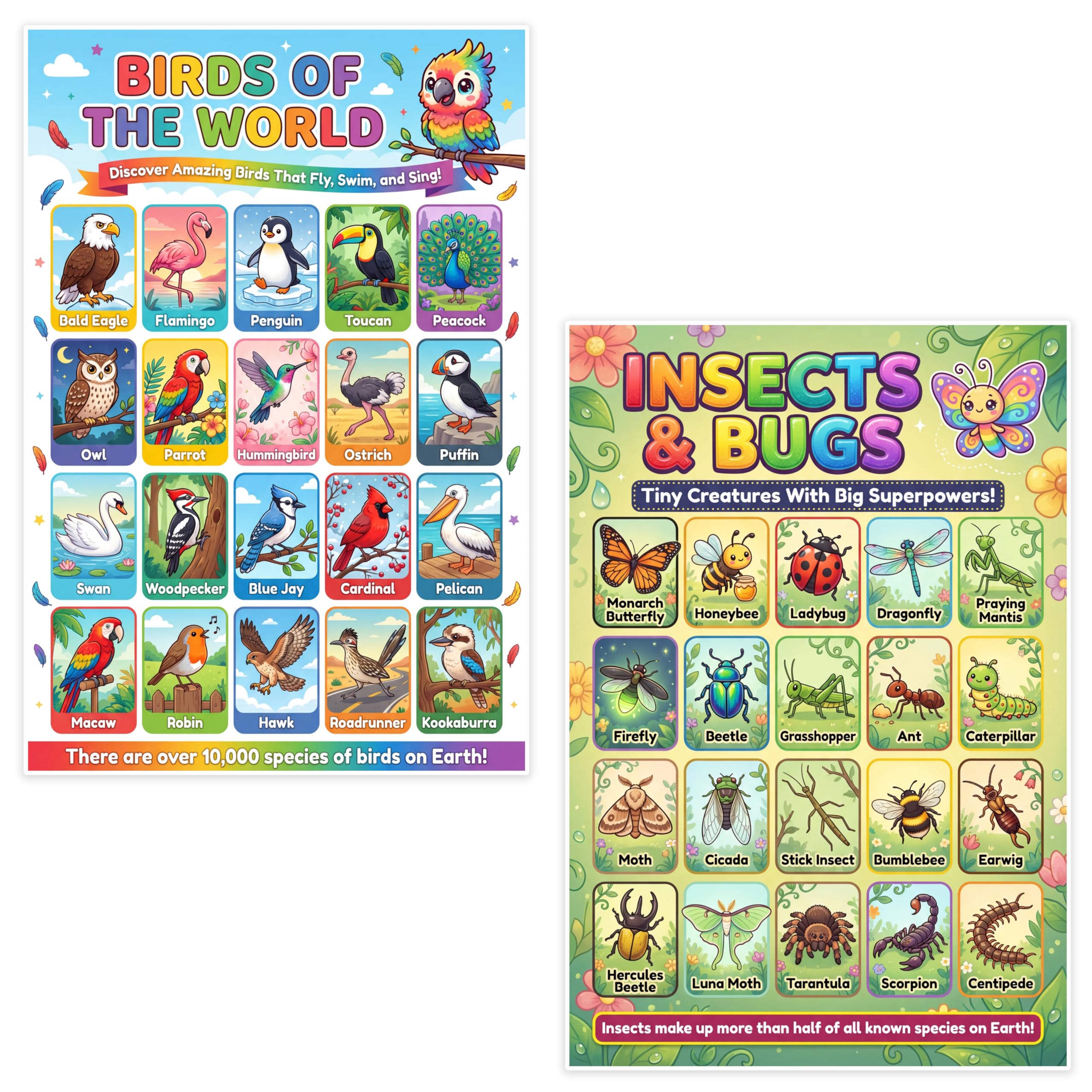 JELLY BEAN GENIUS Birds & Insects Poster for Kids – Double Sided Laminated Educational Chart | 20 Birds of the World + 20