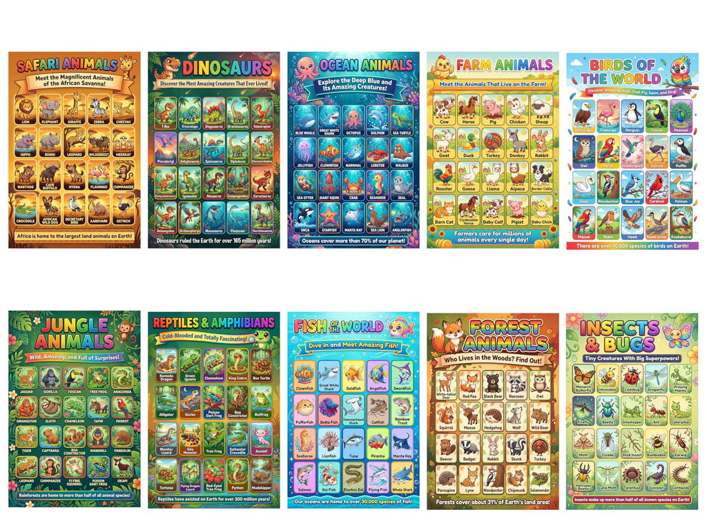 JELLY BEAN GENIUS Animal Posters for Kids 5 Pack (10 Designs) – Double Sided Laminated Educational Set | Safari Ocean Farm