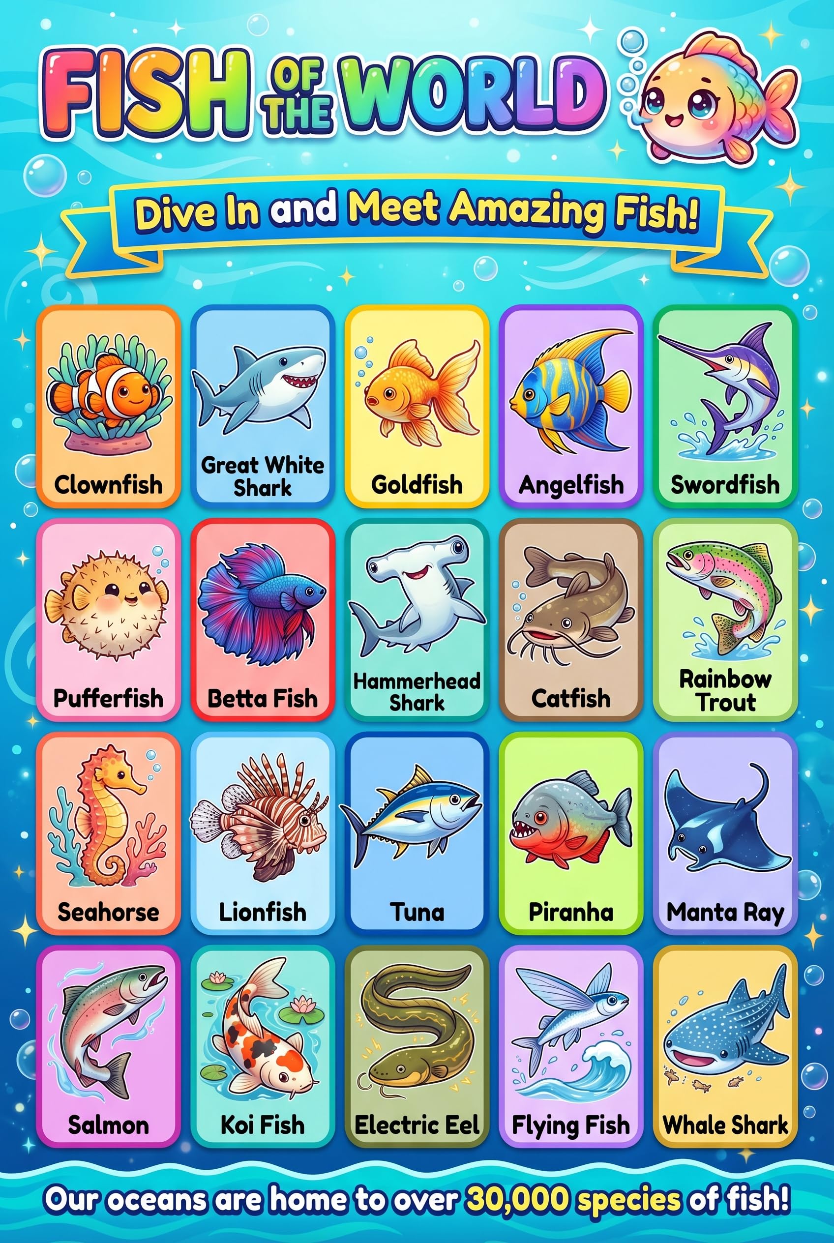 JELLY BEAN GENIUS Ocean Animals & Fish Poster for Kids – Double Sided Laminated Educational Chart | 40 Sea Creatures
