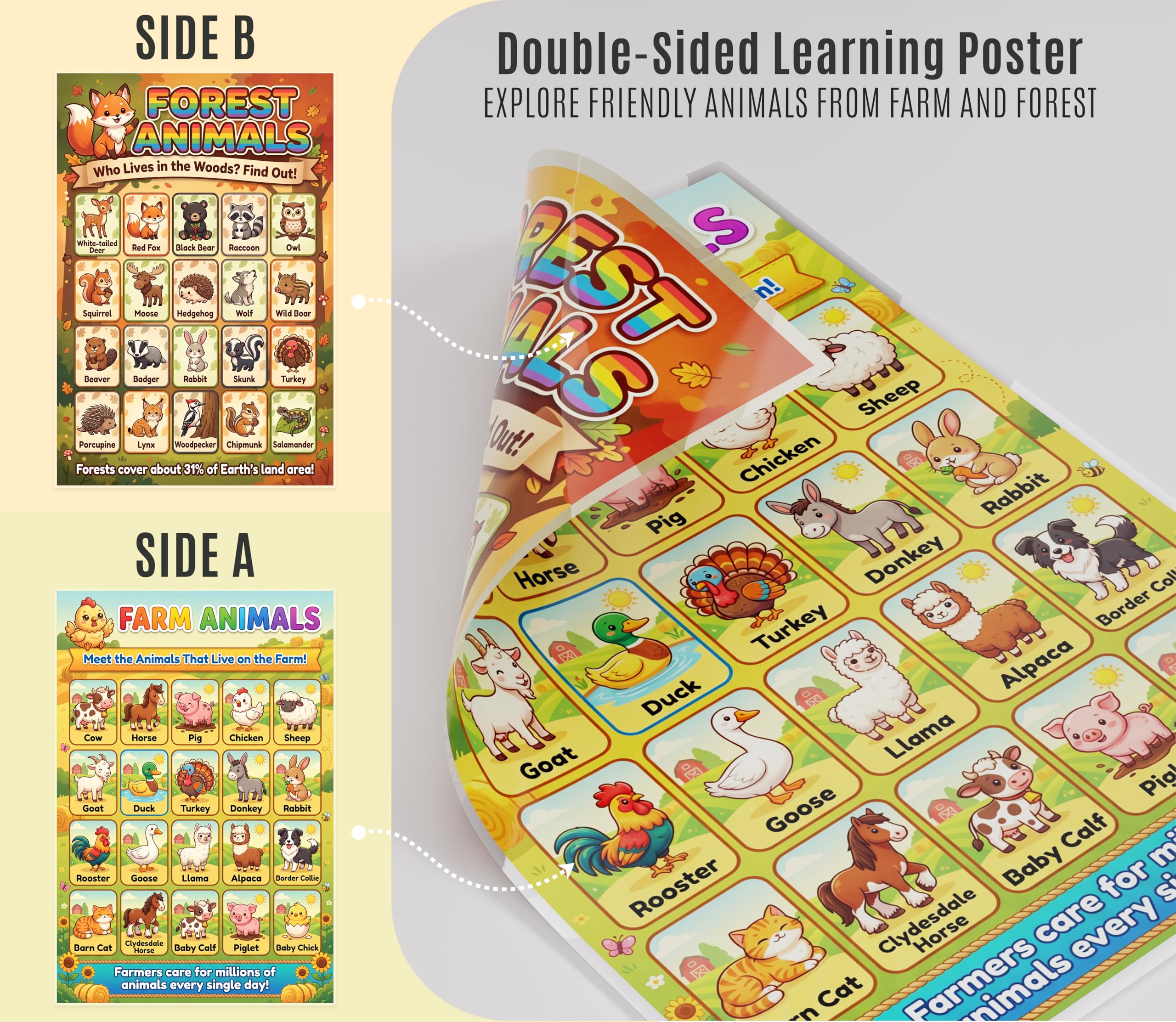 JELLY BEAN GENIUS Farm & Forest Animals Poster for Kids – Double Sided Laminated Educational Chart | 40 Woodland & Barnyard