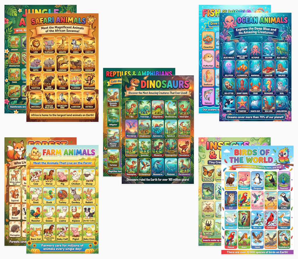 JELLY BEAN GENIUS Animal Posters for Kids 5 Pack (10 Designs) – Double Sided Laminated Educational Set | Safari Ocean Farm