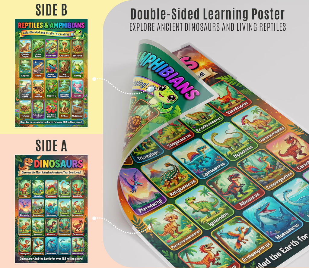 JELLY BEAN GENIUS Dinosaur & Reptiles Poster for Kids – Double Sided Laminated Educational Chart | 20 Dinos + 20 Amphibians