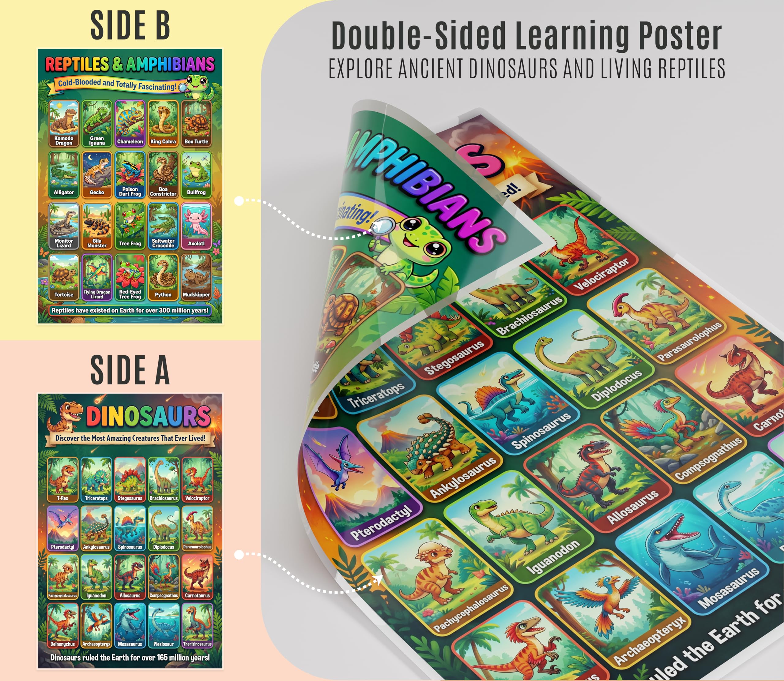 JELLY BEAN GENIUS Dinosaur & Reptiles Poster for Kids – Double Sided Laminated Educational Chart | 20 Dinos + 20 Amphibians