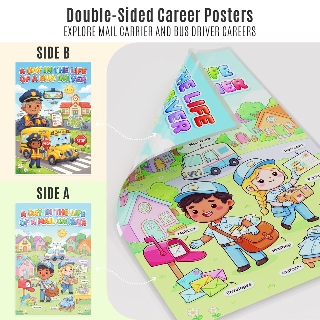 JELLY BEAN GENIUS Mail Carrier and Bus Driver Poster for Kids – Laminated Double-Sided Community Helpers Career Wall Art &