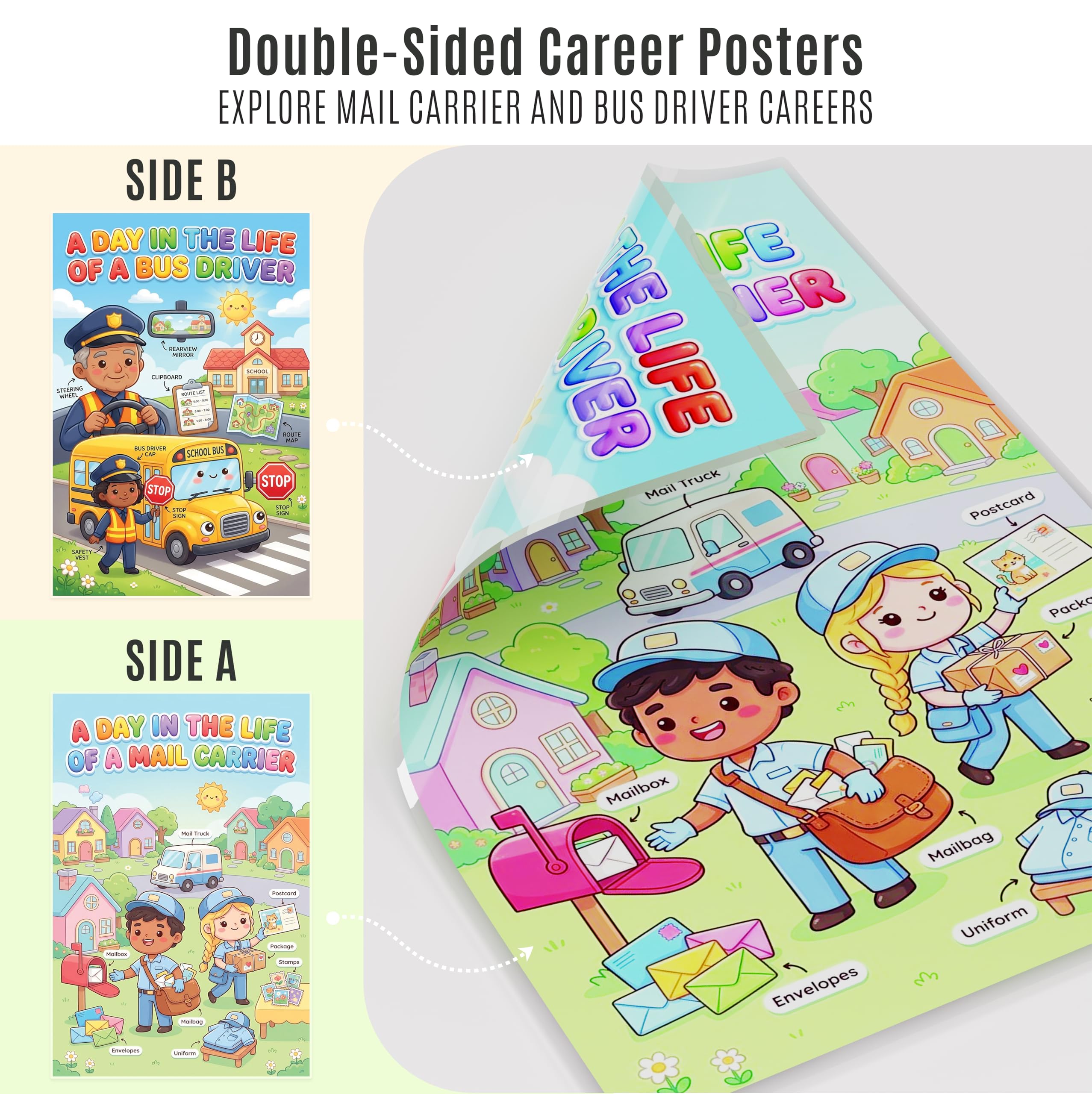 JELLY BEAN GENIUS Mail Carrier and Bus Driver Poster for Kids – Laminated Double-Sided Community Helpers Career Wall Art &