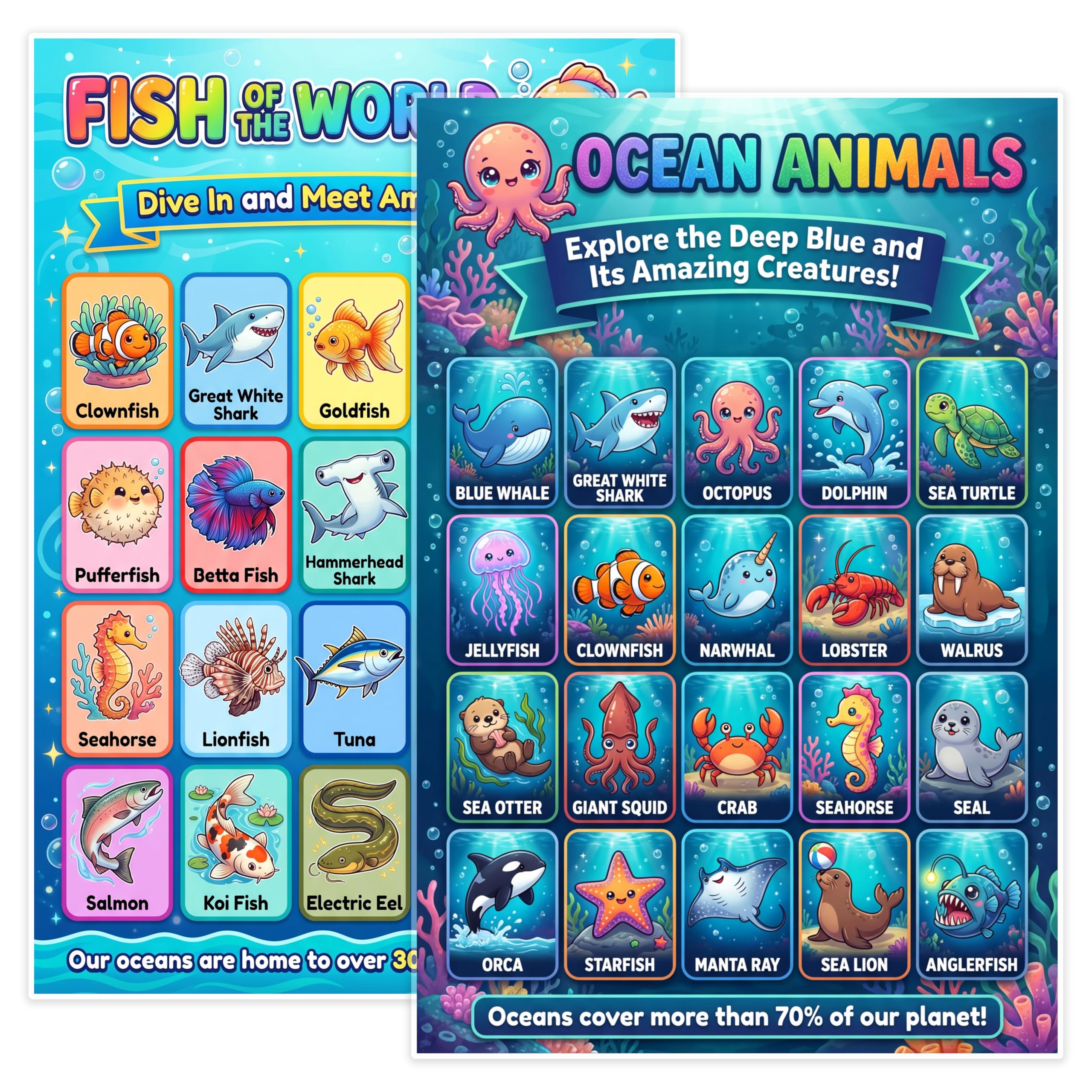 JELLY BEAN GENIUS Ocean Animals & Fish Poster for Kids – Double Sided Laminated Educational Chart | 40 Sea Creatures