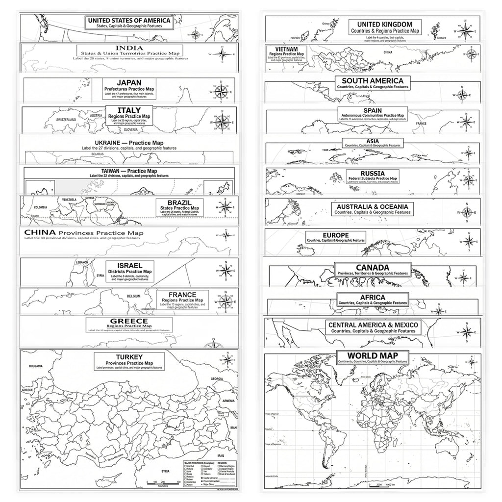World Geography Map Set – 24-Pack Laminated 11x17 Dry Erase Study Maps | Double-Sided Color & Blank Outline Maps for