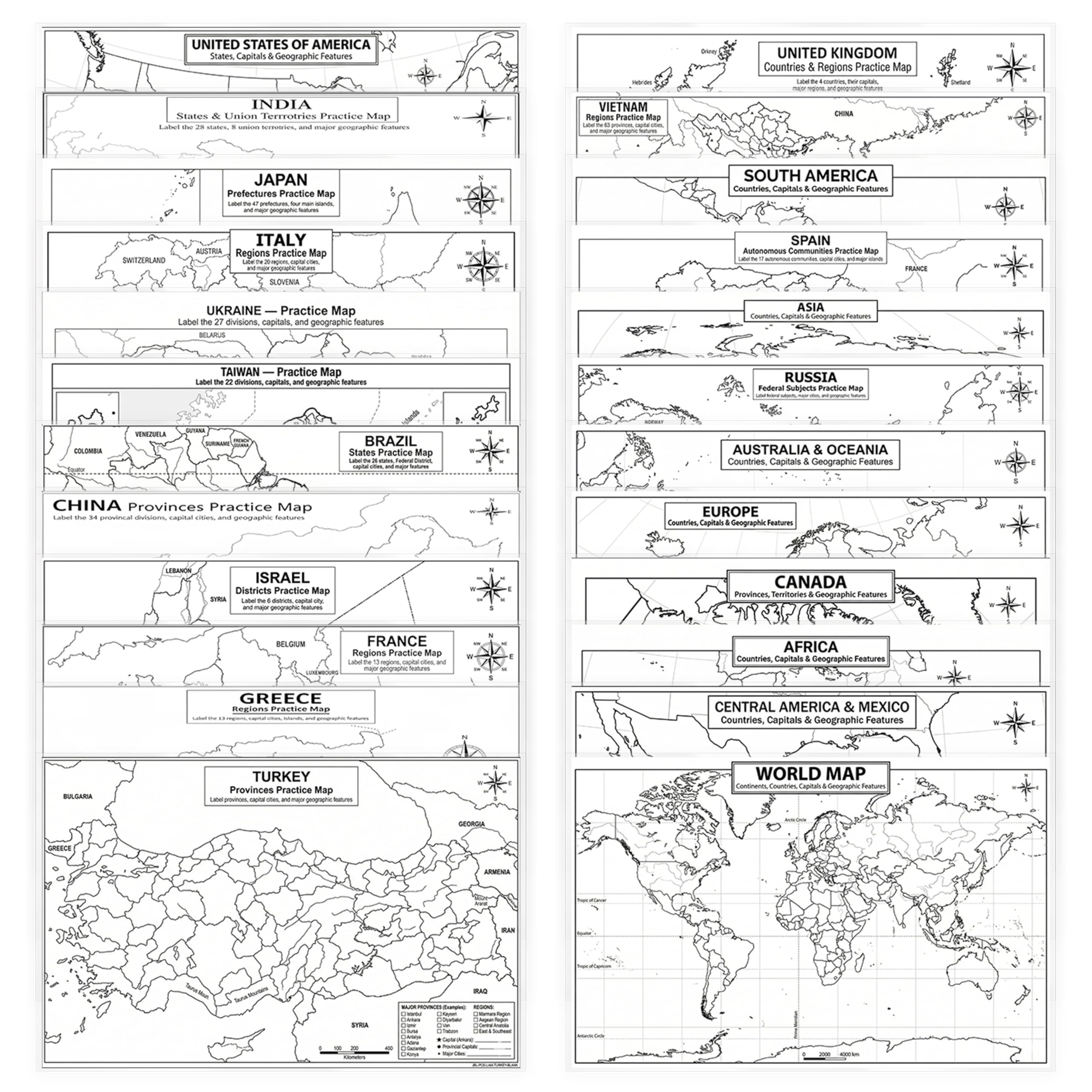 World Geography Map Set – 24-Pack Laminated 11x17 Dry Erase Study Maps | Double-Sided Color & Blank Outline Maps for