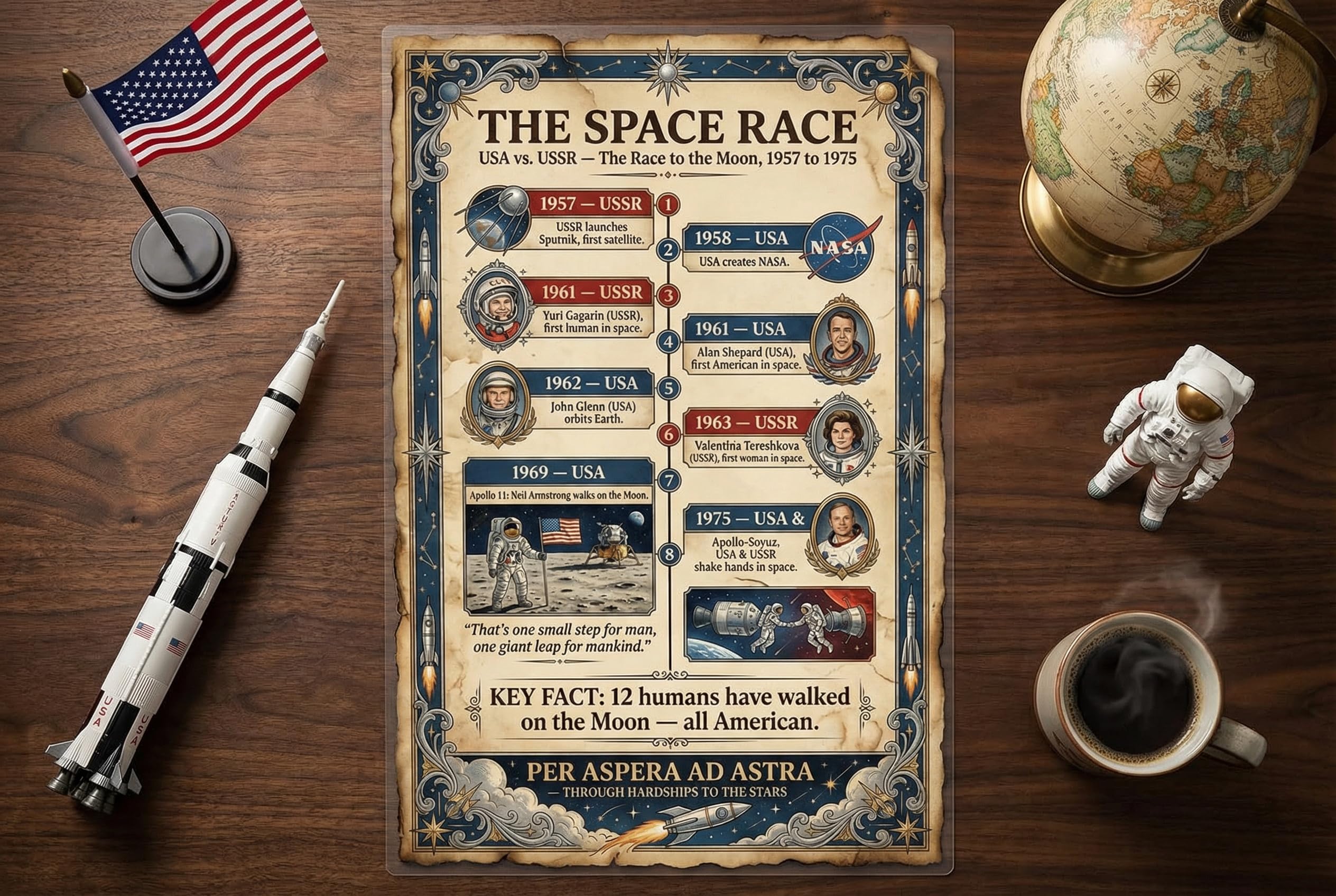 Space Race Poster for Kids, 11x17 Laminated History Timeline Poster, USA vs USSR 1957–1975, Moon Landing & NASA, Classroom