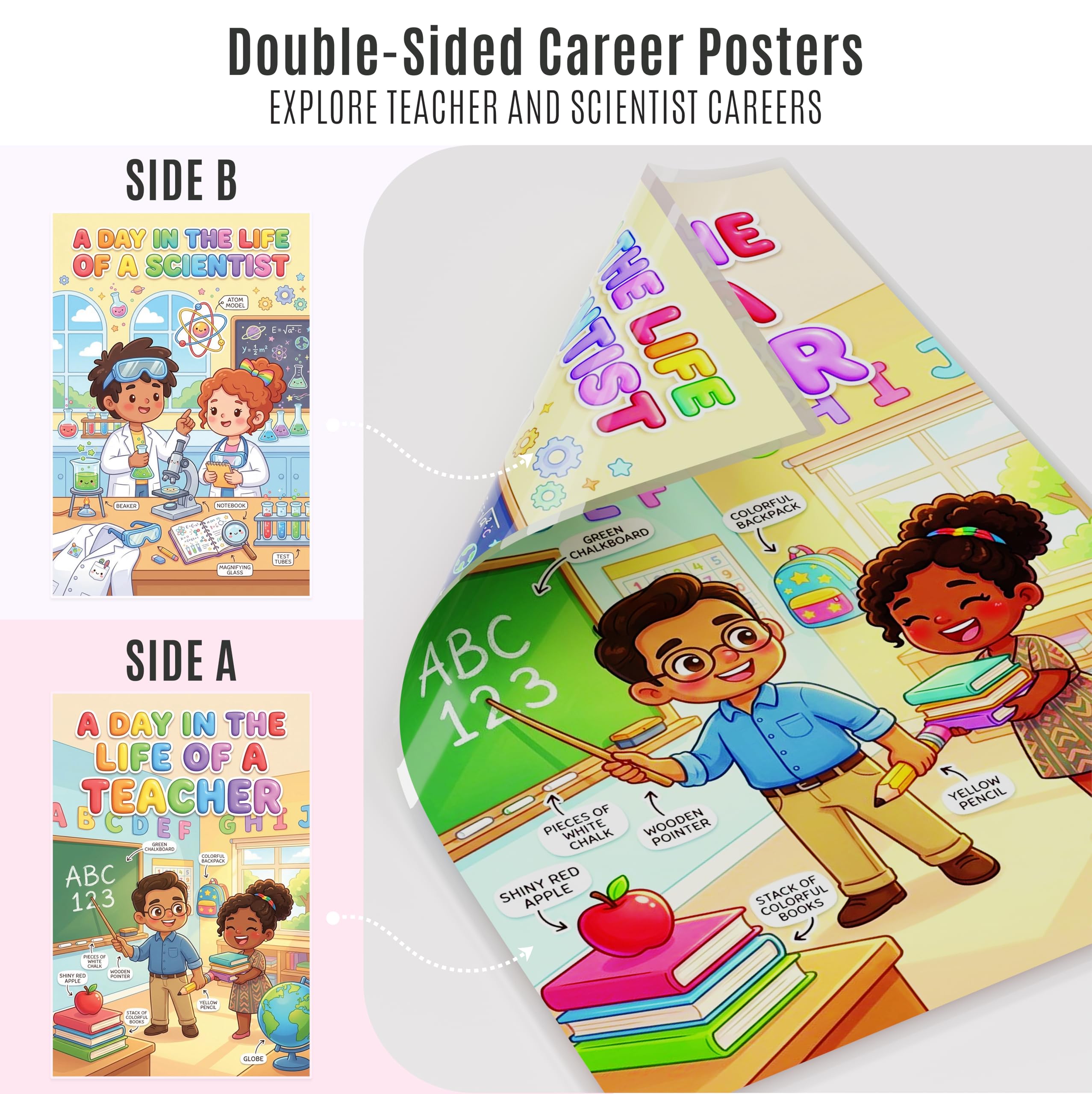 JELLY BEAN GENIUS Teacher and Scientist Poster for Kids – Laminated Double-Sided Community Helpers Career Wall Art &
