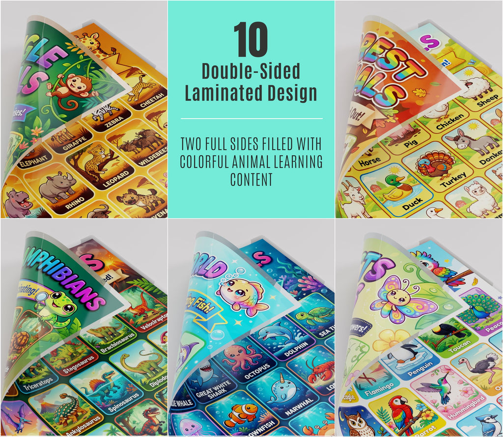 JELLY BEAN GENIUS Animal Posters for Kids 5 Pack (10 Designs) – Double Sided Laminated Educational Set | Safari Ocean Farm