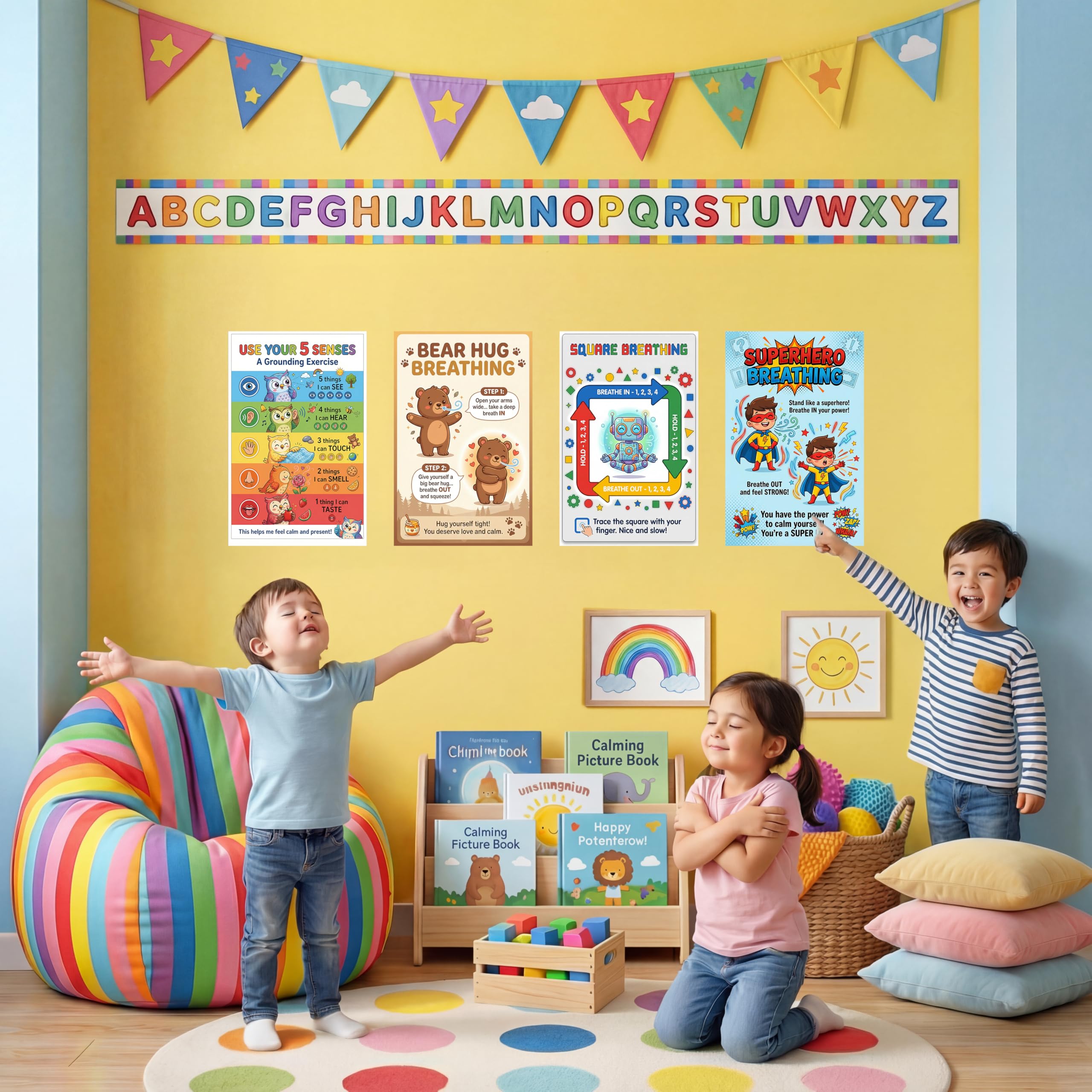 Calm Down Corner Posters for Kids – 4 Pack Breathing & Grounding Techniques Set, Square Breathing, Bear Hug, Superhero