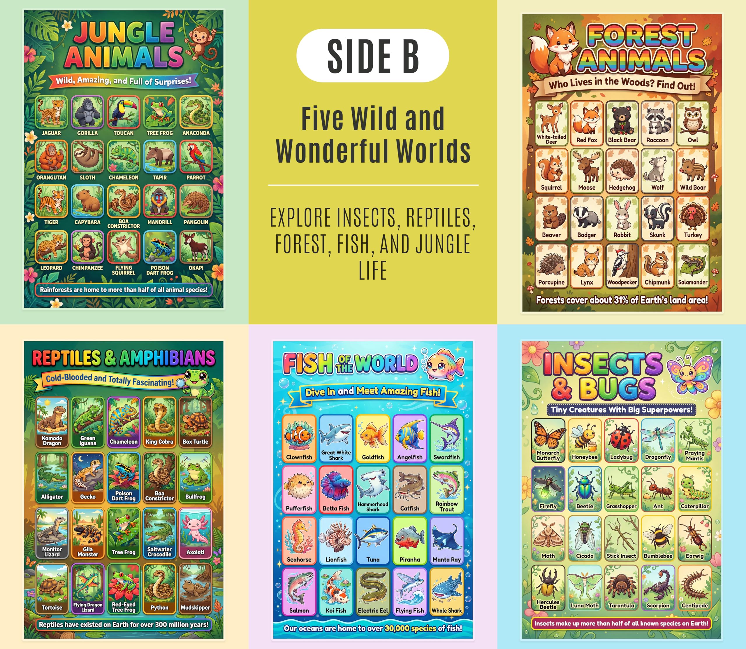 JELLY BEAN GENIUS Animal Posters for Kids 5 Pack (10 Designs) – Double Sided Laminated Educational Set | Safari Ocean Farm