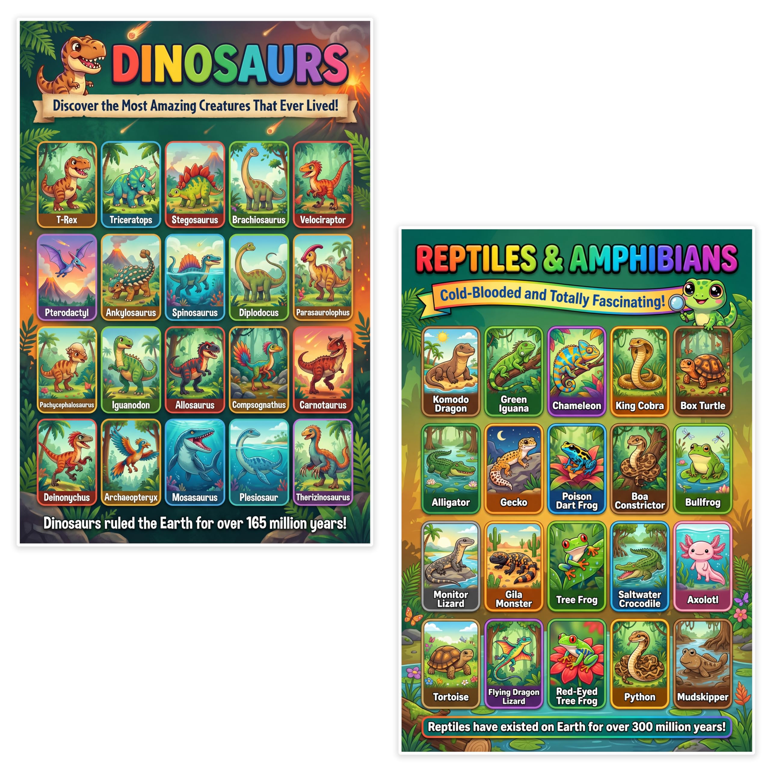 JELLY BEAN GENIUS Dinosaur & Reptiles Poster for Kids – Double Sided Laminated Educational Chart | 20 Dinos + 20 Amphibians